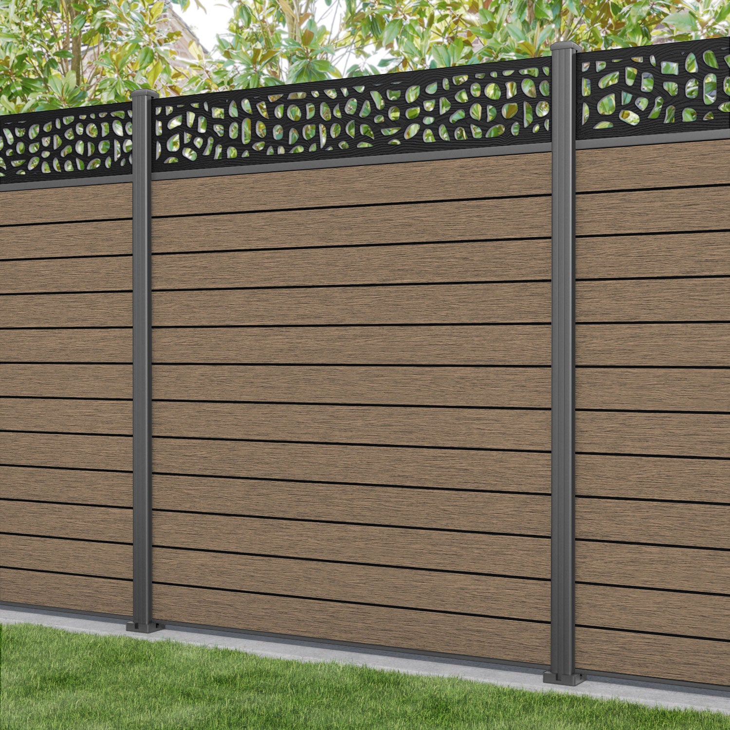 Fusion Pebble Fence Panel - Teak - with our aluminium posts