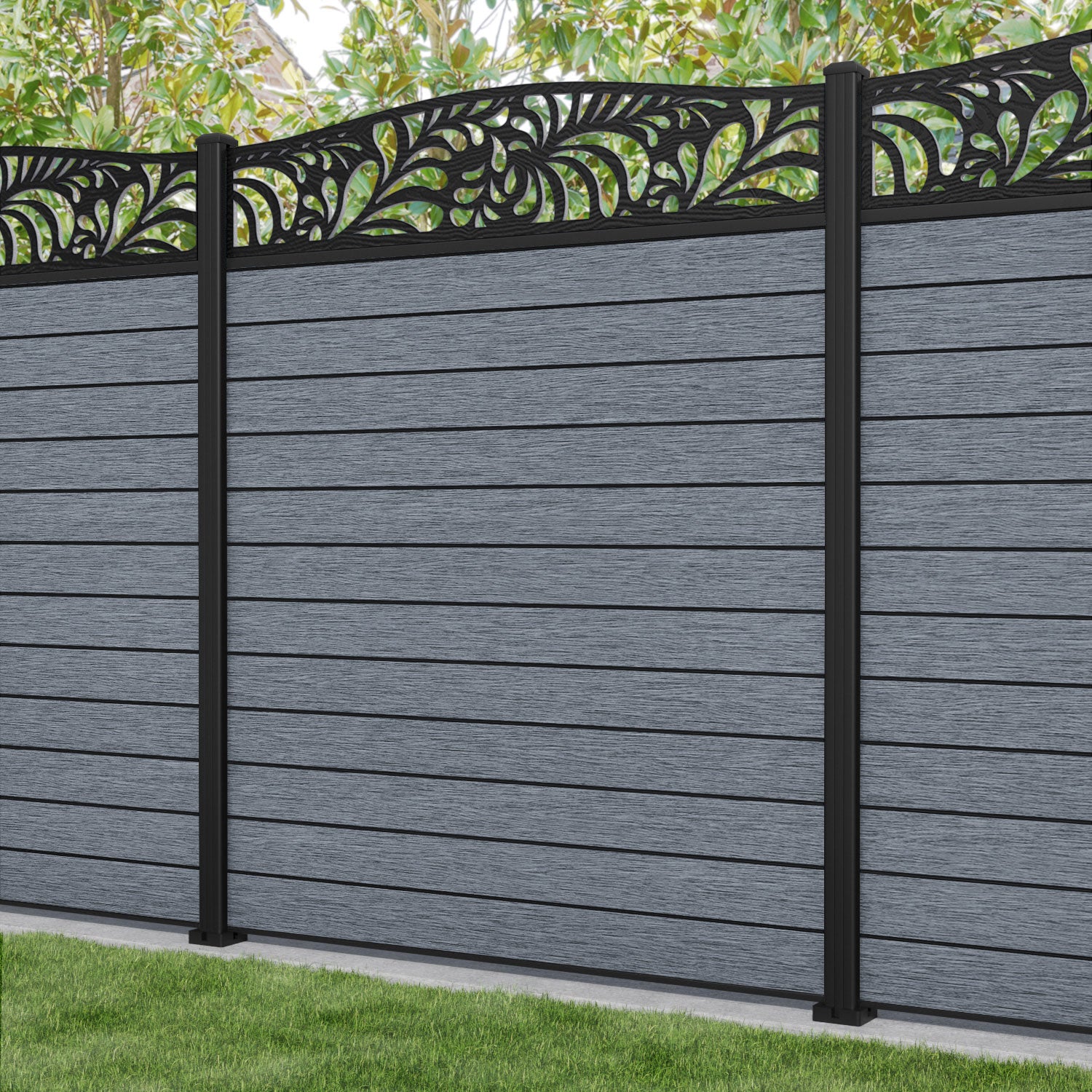 Fusion Petal Curved Top Fence Panel - Anthracite - with our aluminium posts