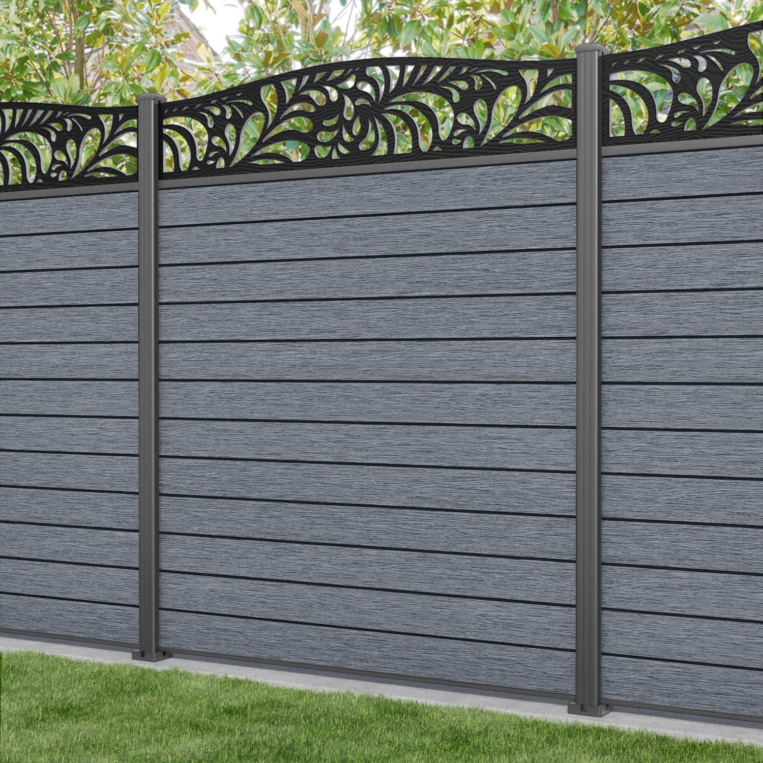 Fusion Petal Curved Top Fence Panel - Anthracite - with our aluminium posts
