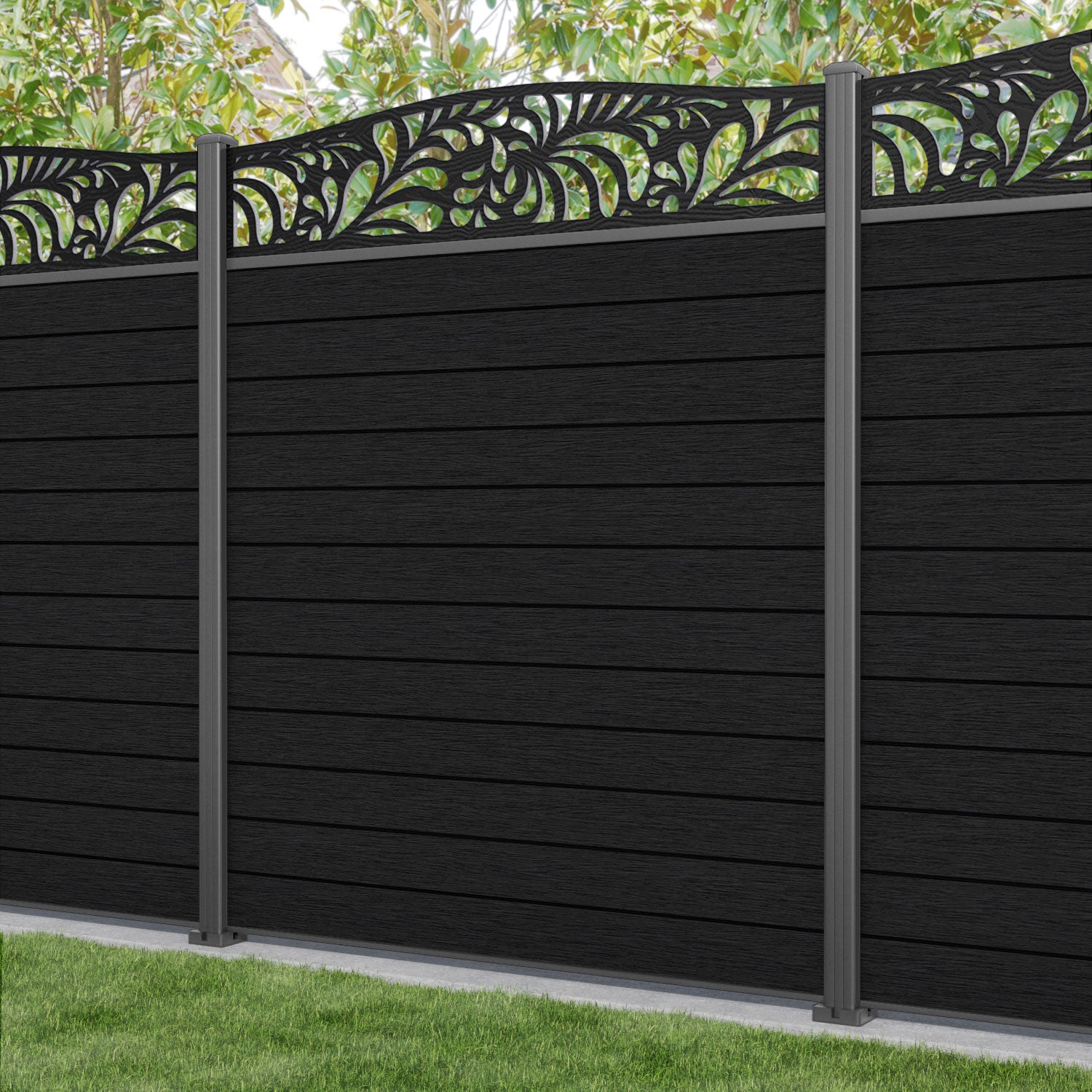 Fusion Petal Curved Top Fence Panel - Black - with our aluminium posts
