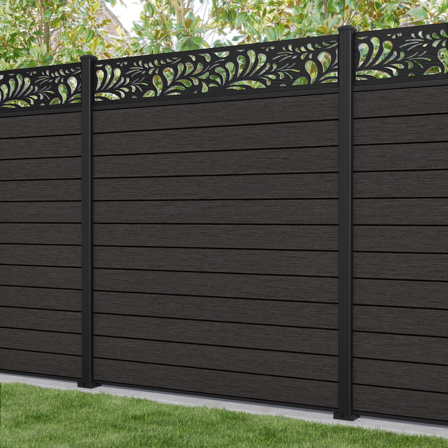 Fusion Petal Fence Panel - Dark Oak - with our aluminium posts
