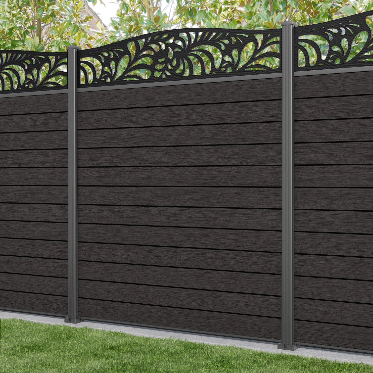 Fusion Pebble Curved Top Fence Panel - Dark Oak - with our aluminium posts