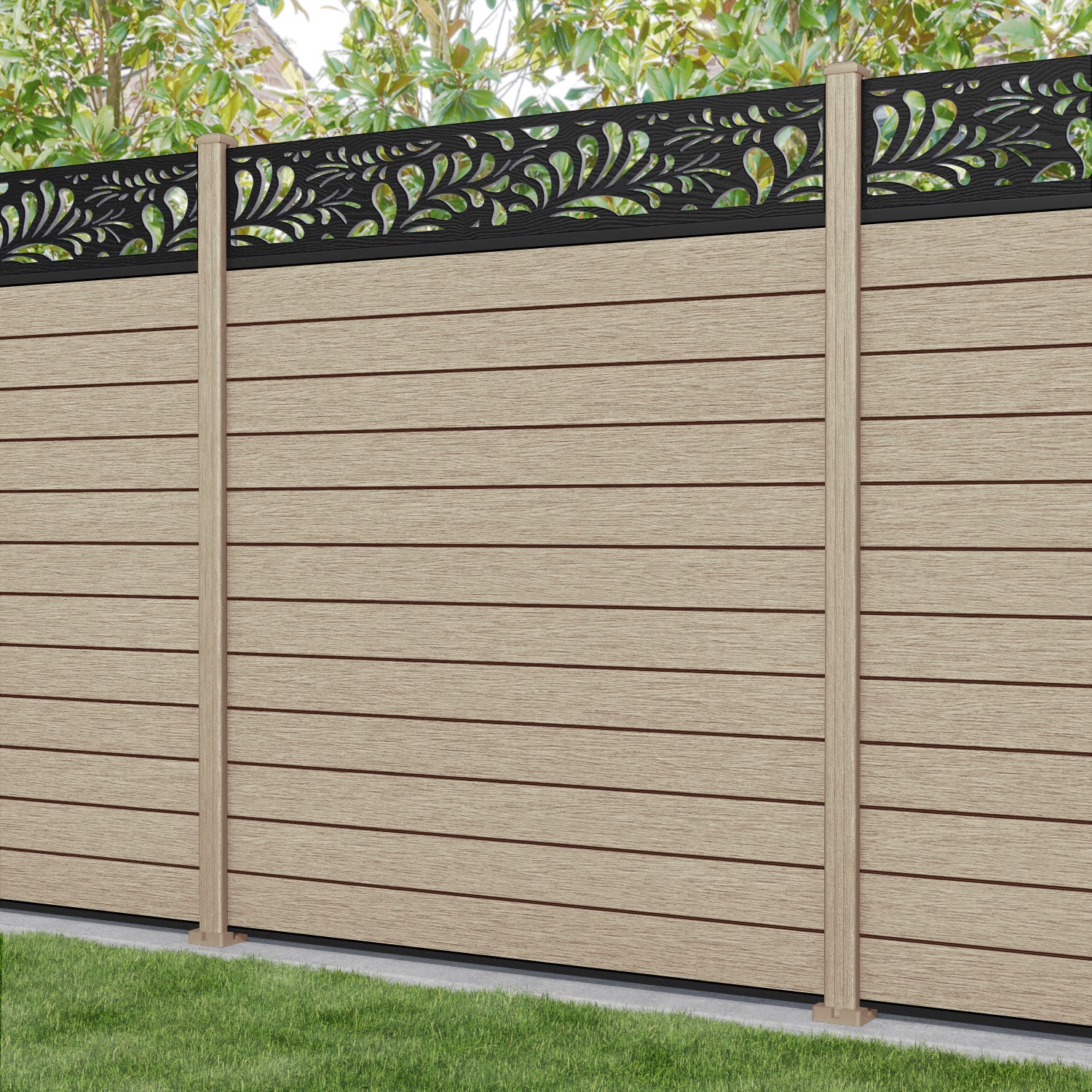 Fusion Petal Fence Panel - Light Oak - with our composite posts