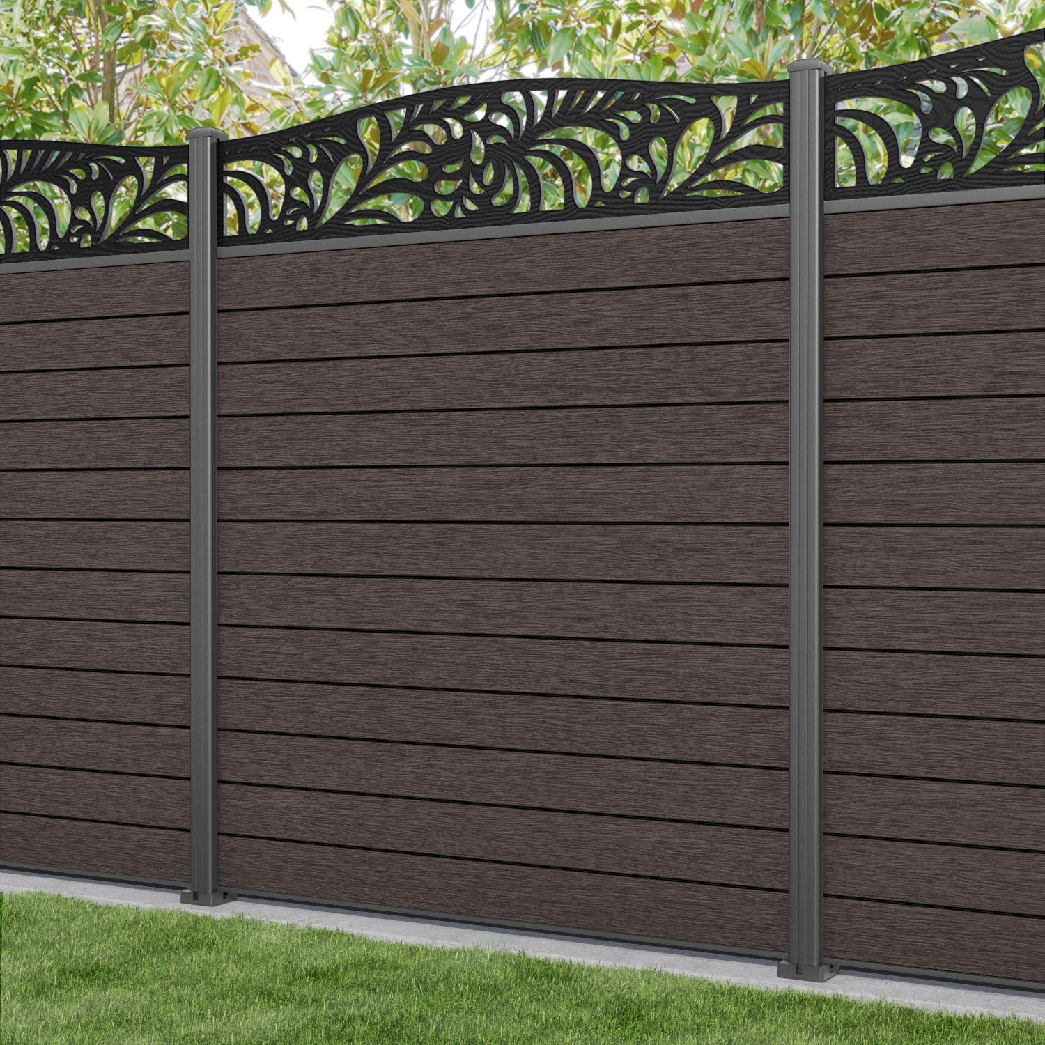 Fusion Petal Curved Top Fence Panel - Mid Brown - with our aluminium posts