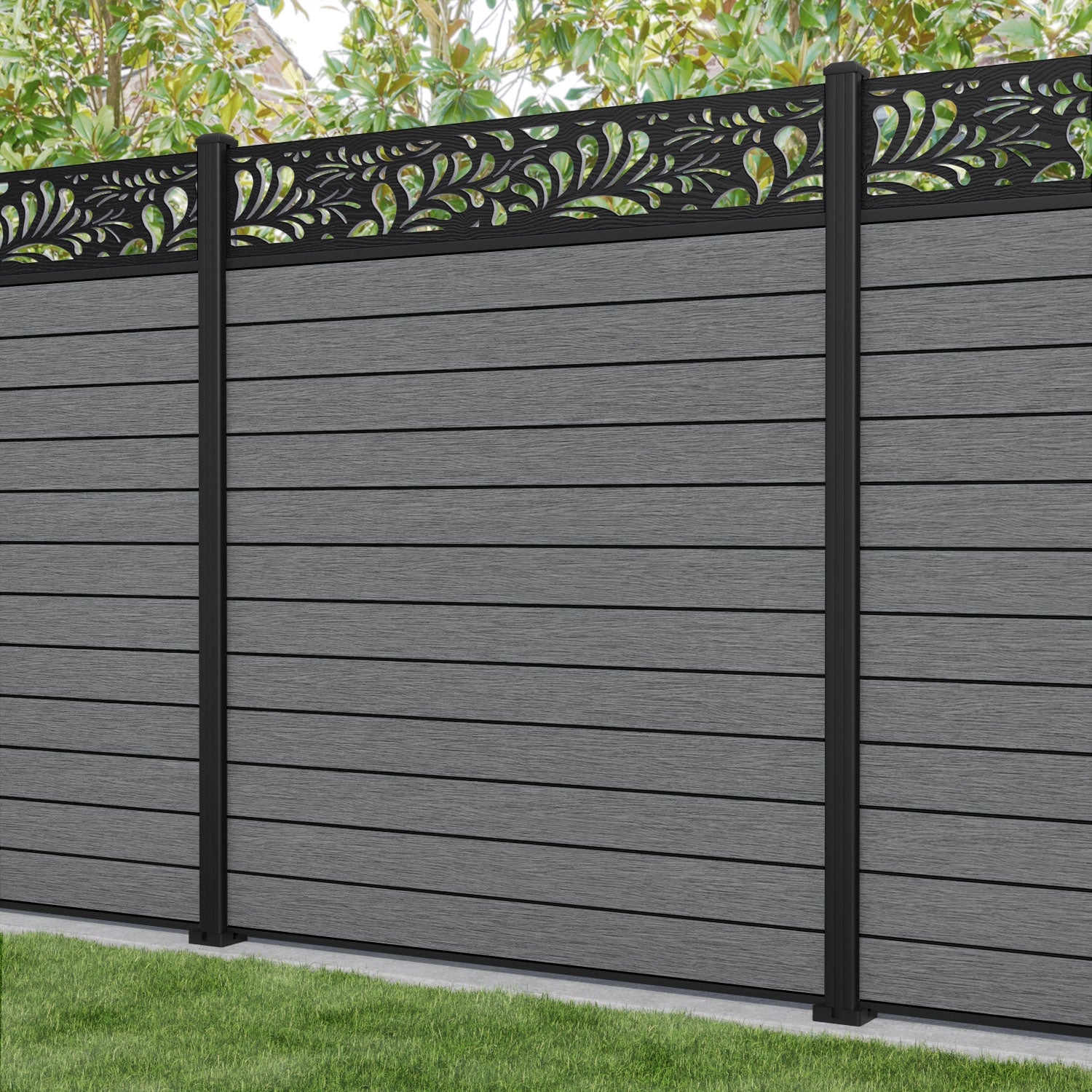 Fusion Petal Fence Panel - Mid Grey - with our aluminium posts