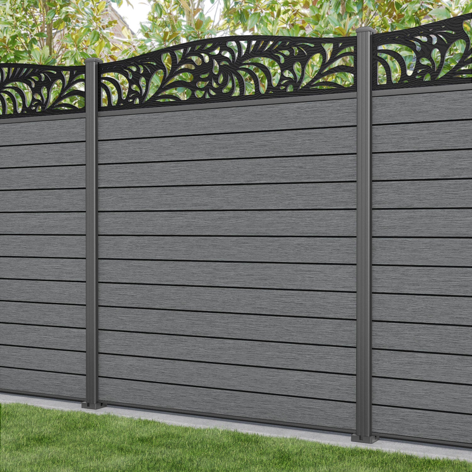 Fusion Petal Curved Top Fence Panel - Mid Grey - with our aluminium posts