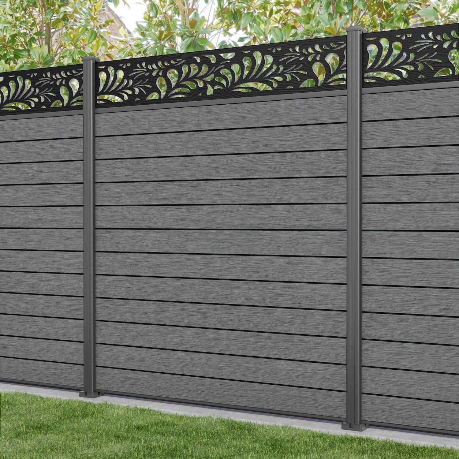 Fusion Petal Fence Panel - Mid Grey - with our aluminium posts