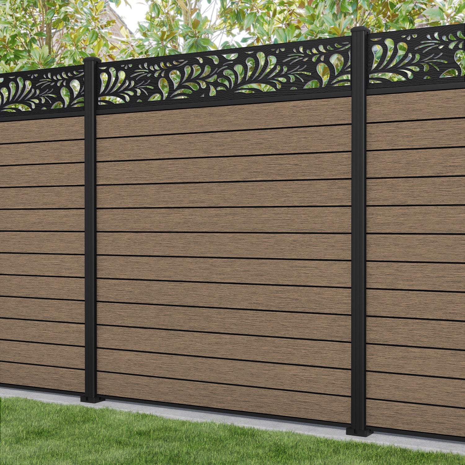 Fusion Petal Fence Panel - Teak - with our aluminium posts
