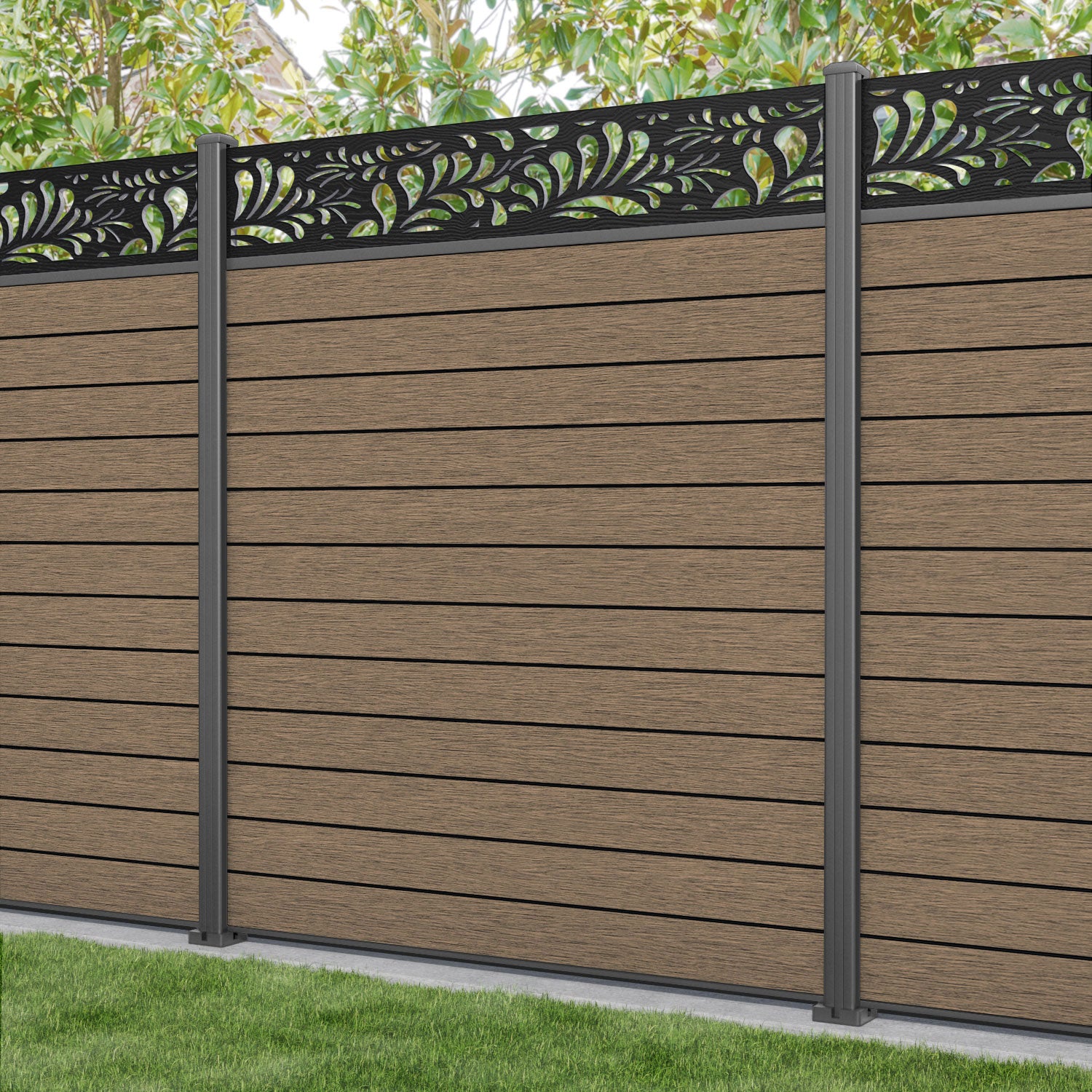 Fusion Petal Fence Panel - Teak - with our aluminium posts