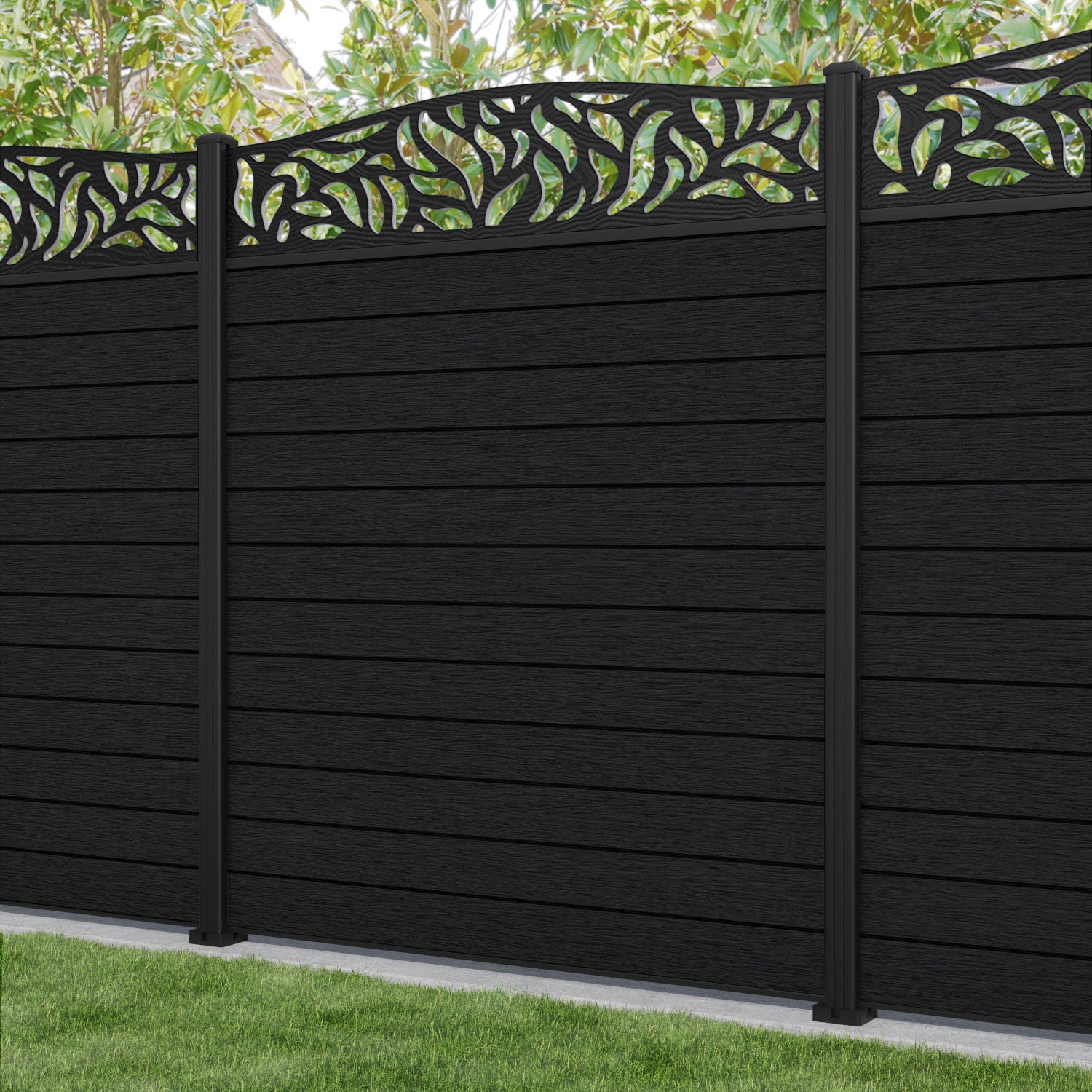 Fusion Plume Curved Top Fence Panel - Black - with our aluminium posts