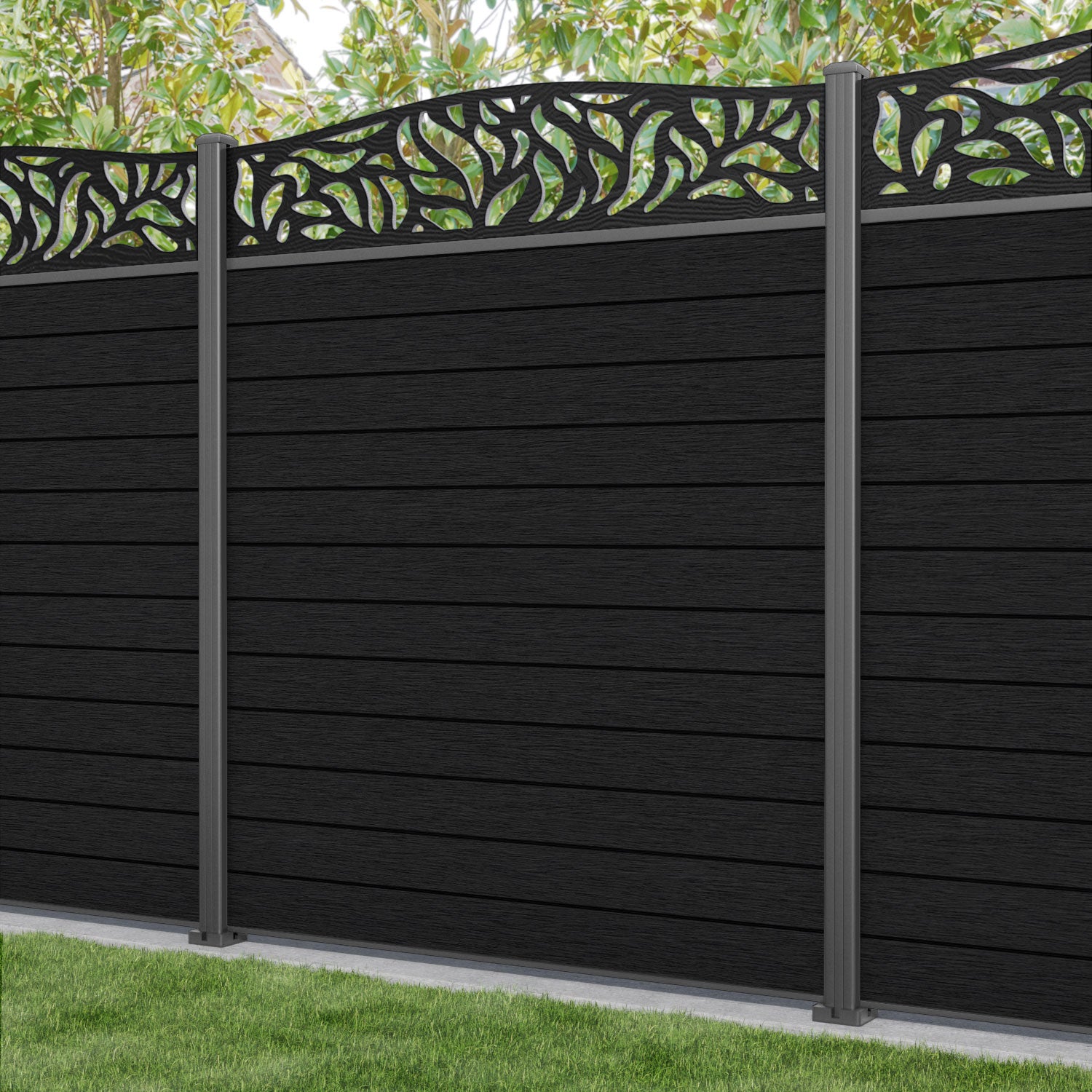 Fusion Plume Curved Top Fence Panel - Black - with our aluminium posts