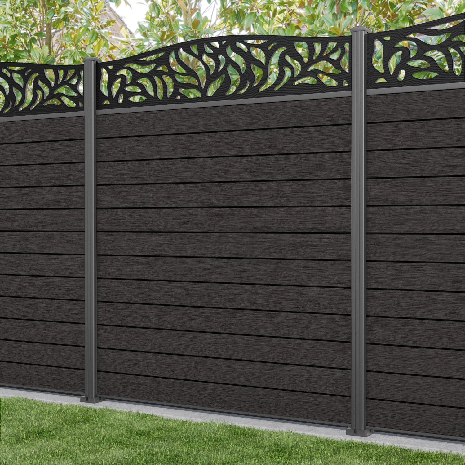 Fusion Plume Curved Top Fence Panel - Dark Oak - with our aluminium posts