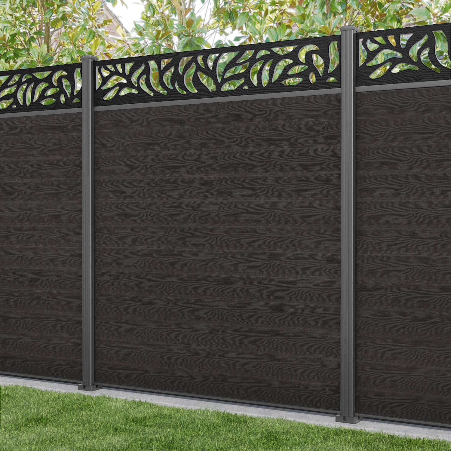 Classic Plume Fence Panel - Dark Oak - with our aluminium posts