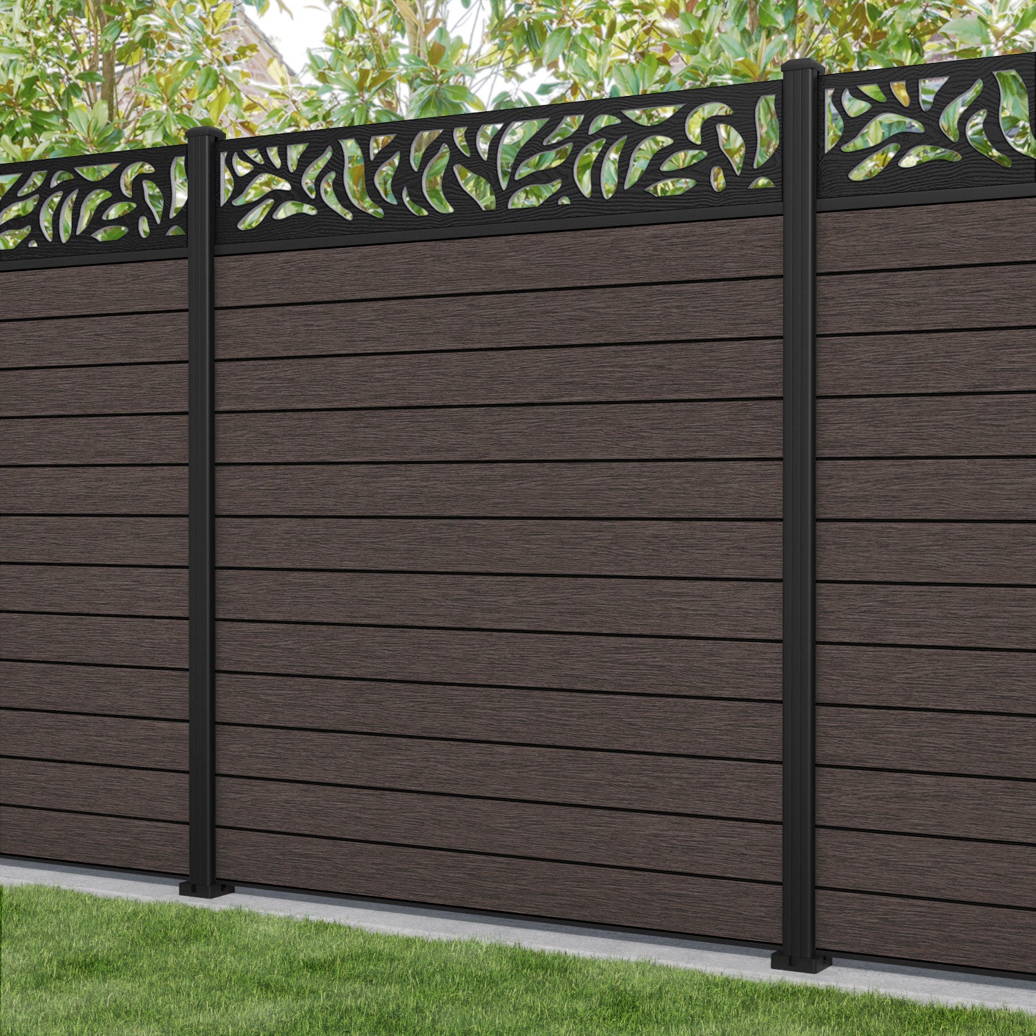 Fusion Plume Fence Panel - Mid Brown - with our aluminium posts