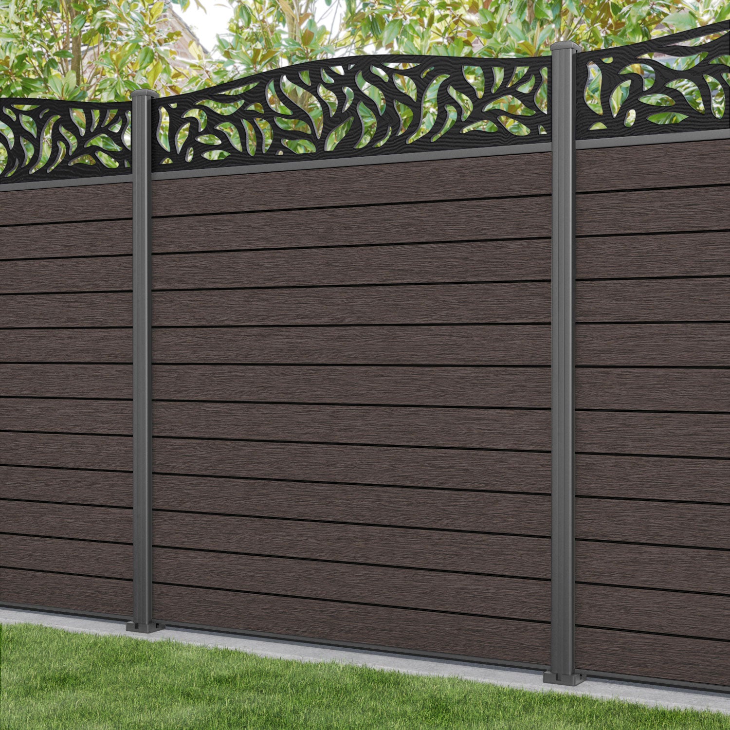 Fusion Plume Curved Top Fence Panel - Mid Brown - with our aluminium posts