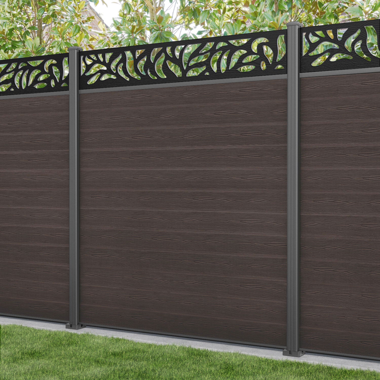 Classic Plume Fence Panel - Mid Brown - with our aluminium posts