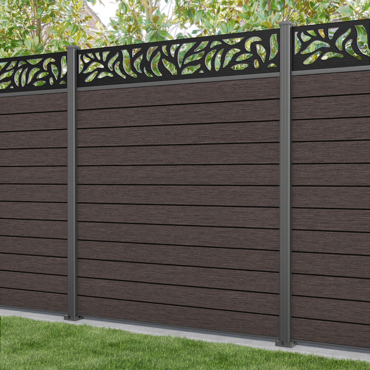 Fusion Plume Fence Panel - Mid Brown - with our aluminium posts