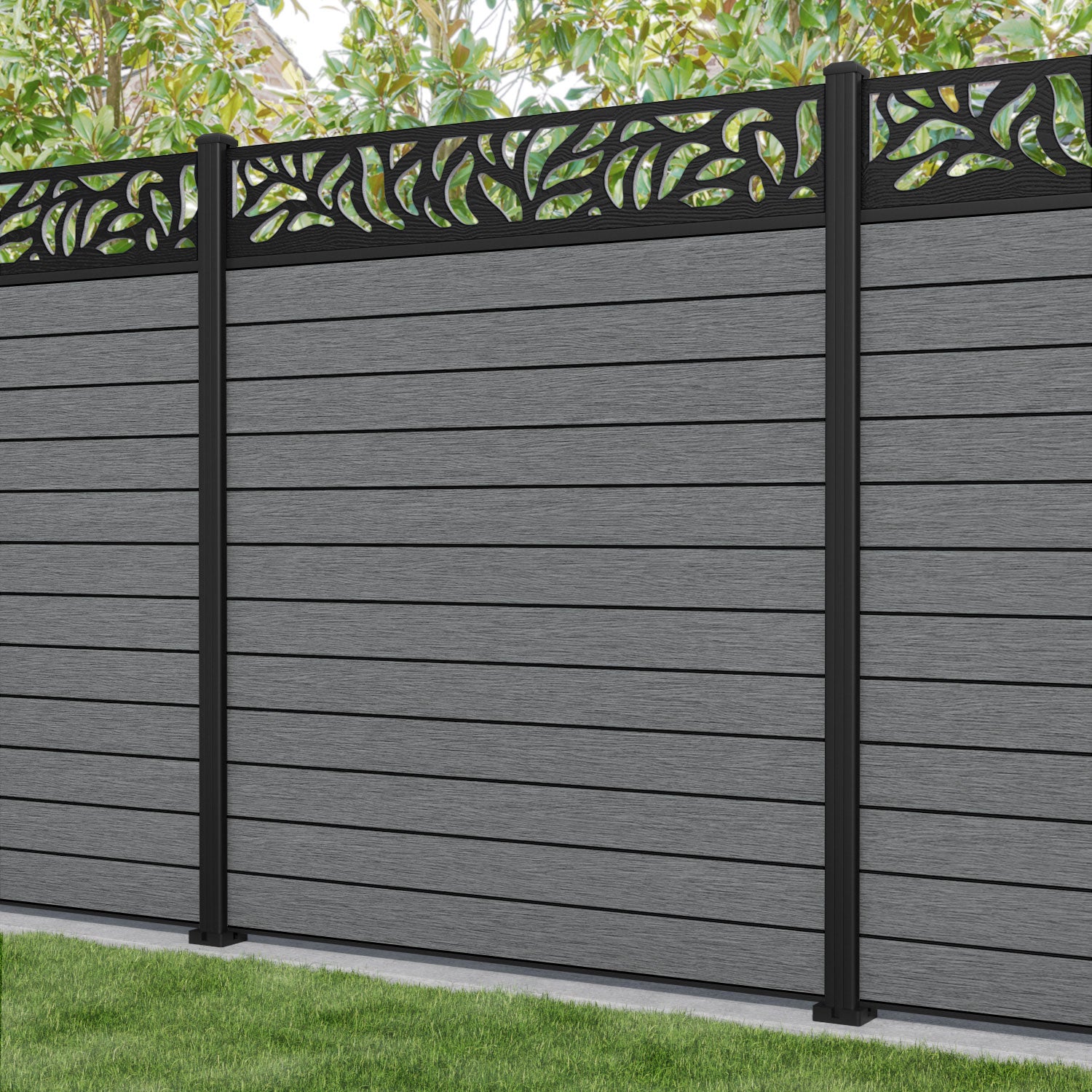 Fusion Plume Fence Panel - Mid Grey - with our aluminium posts