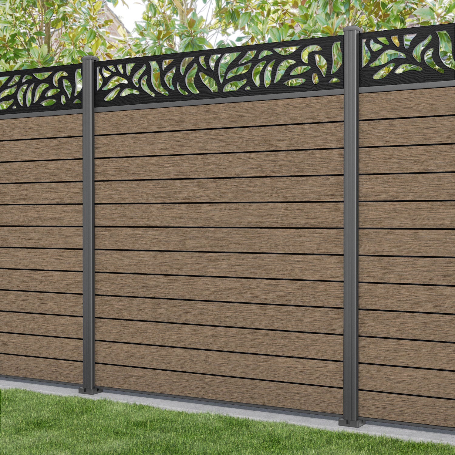Fusion Plume Fence Panel - Teak - with our aluminium posts