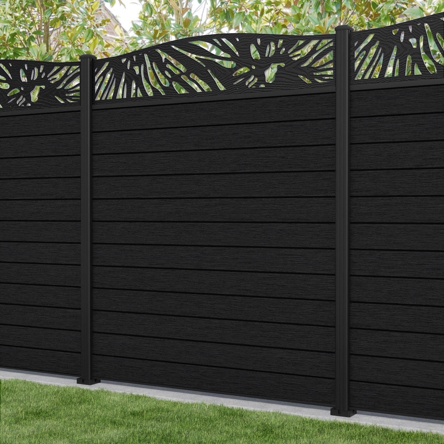 Fusion Poppy Curved Top Fence Panel - Black - with our aluminium posts