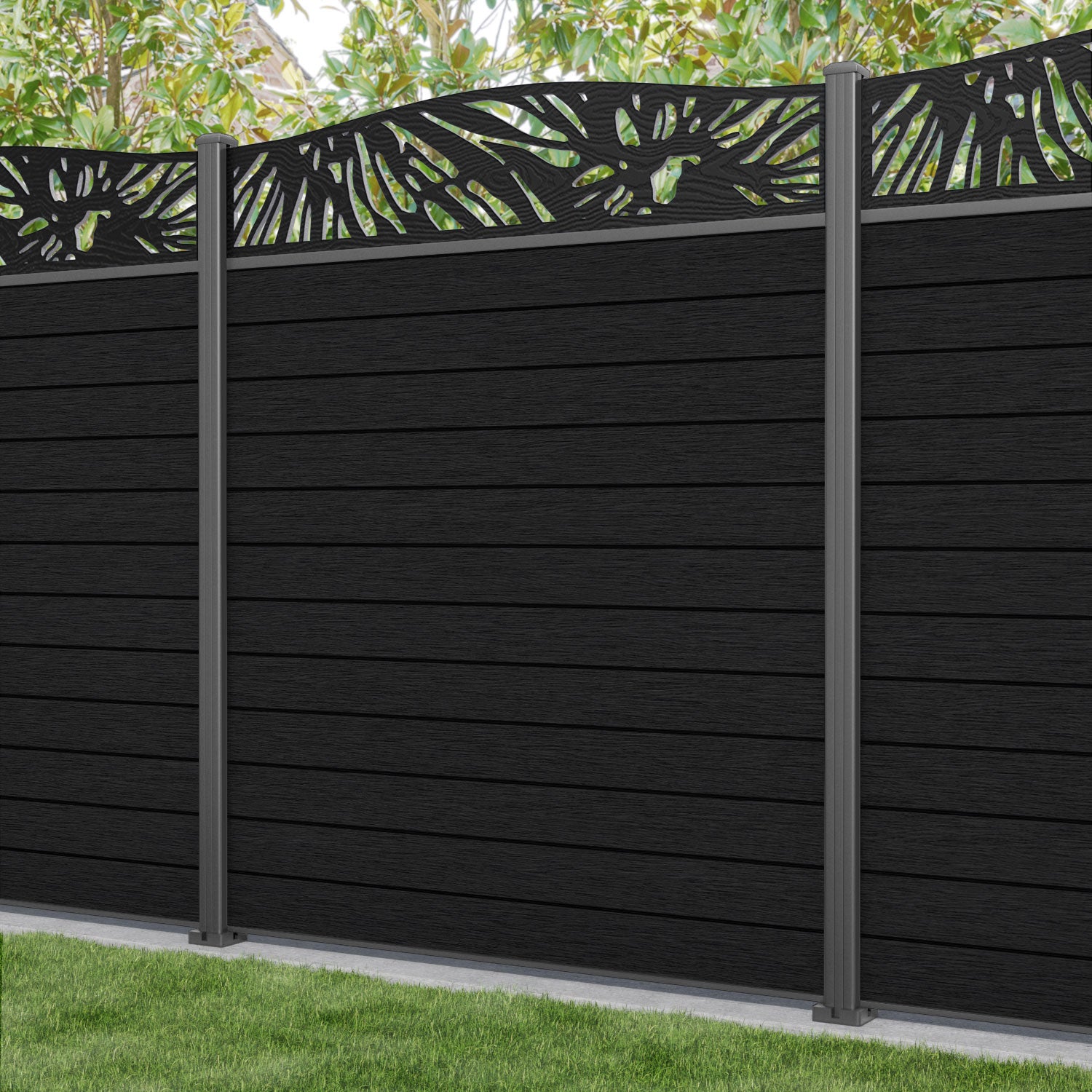 Fusion Poppy Curved Top Fence Panel - Black - with our aluminium posts