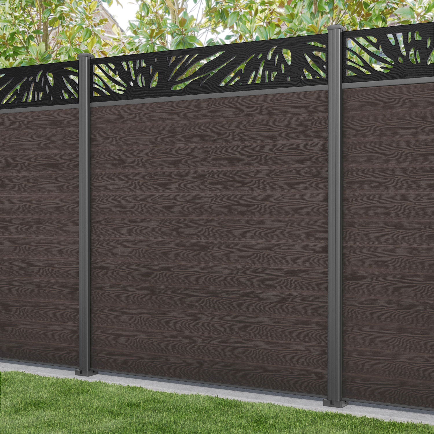 Classic Poppy Fence Panel - Mid Brown - with our aluminium posts