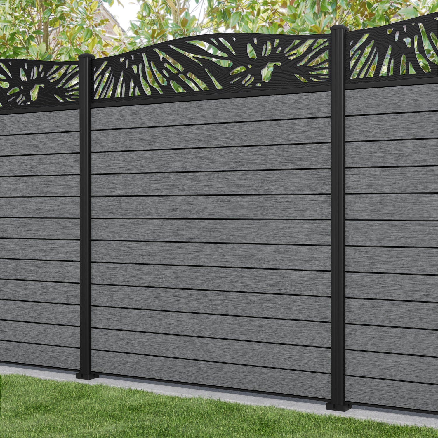 Fusion Poppy Curved Top Fence Panel - Mid Grey - with our aluminium posts