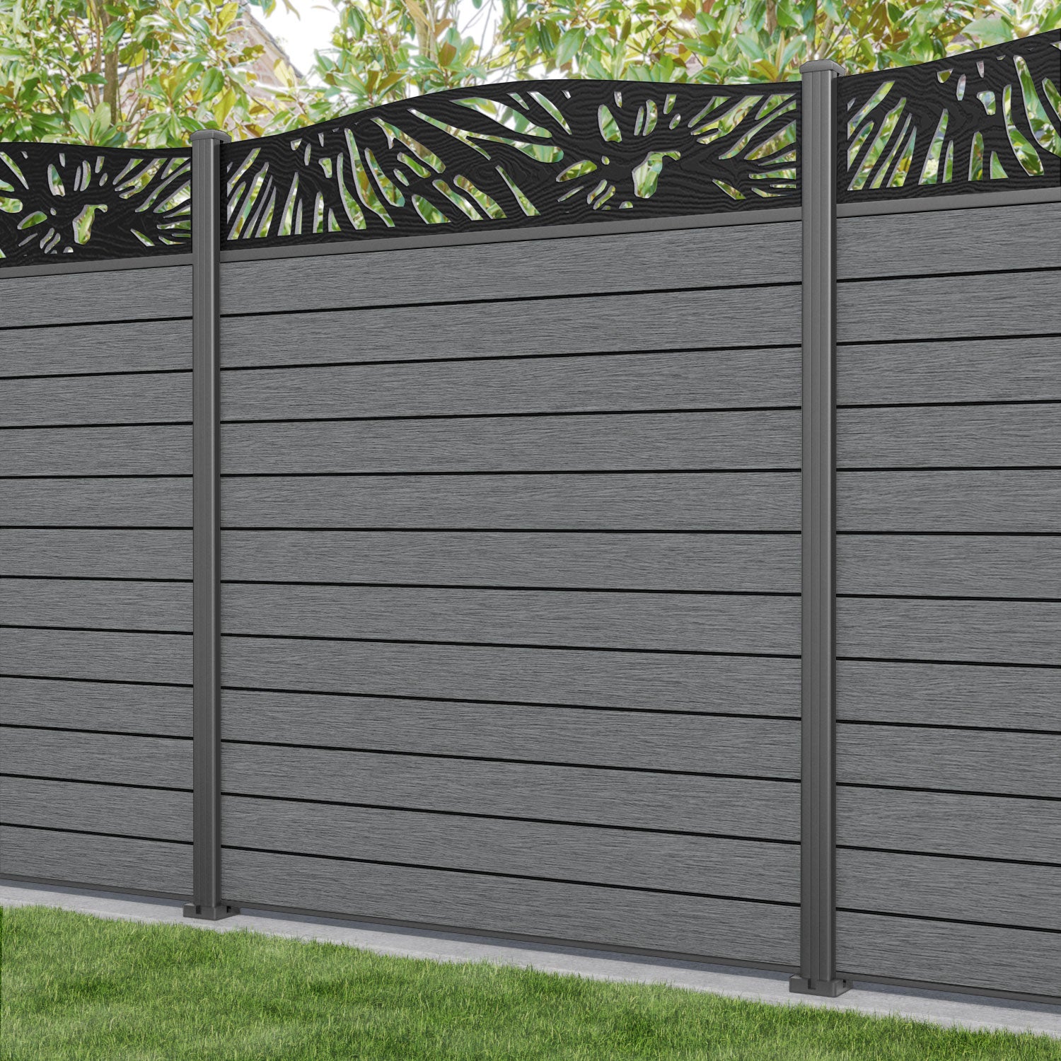 Fusion Poppy Curved Top Fence Panel - Mid Grey - with our aluminium posts