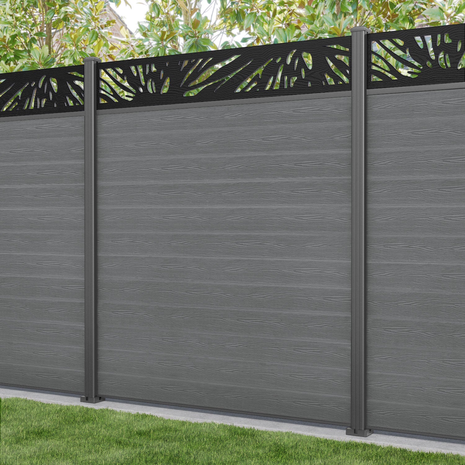 Classic Poppy Fence Panel - Mid Grey - with our aluminium posts