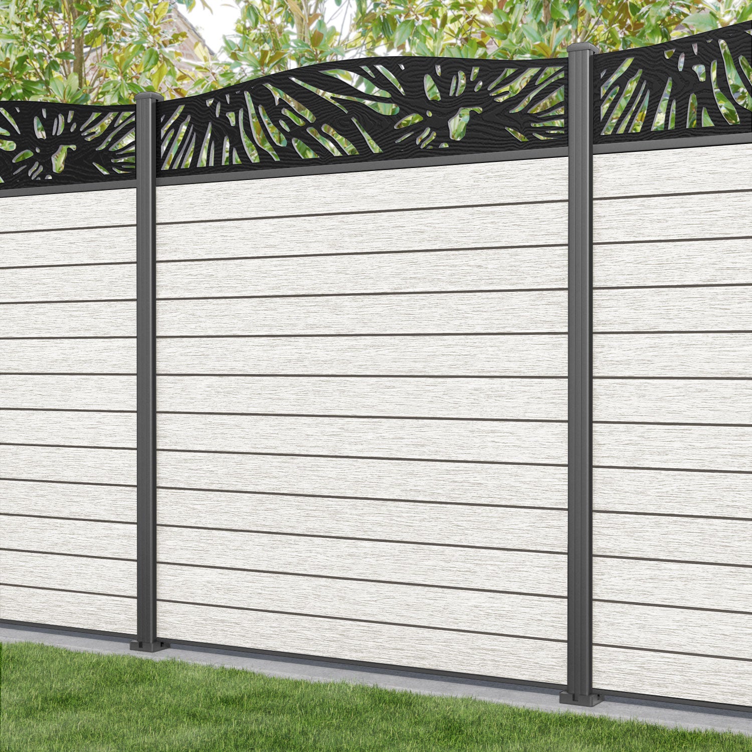 Fusion Poppy Curved Top Fence Panel - Light Stone - with our aluminium posts