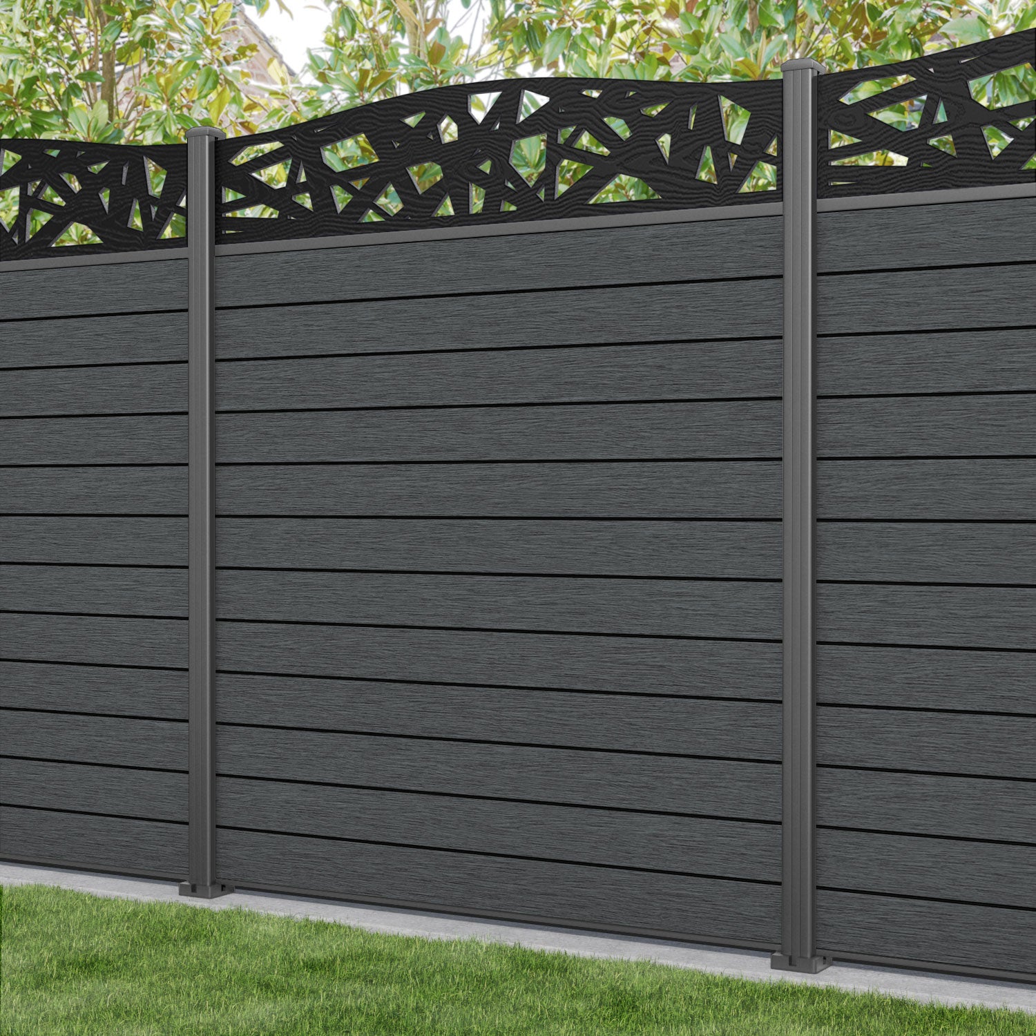 Fusion Prism Curved Top Fence Panel - Dark Grey - with our aluminium posts