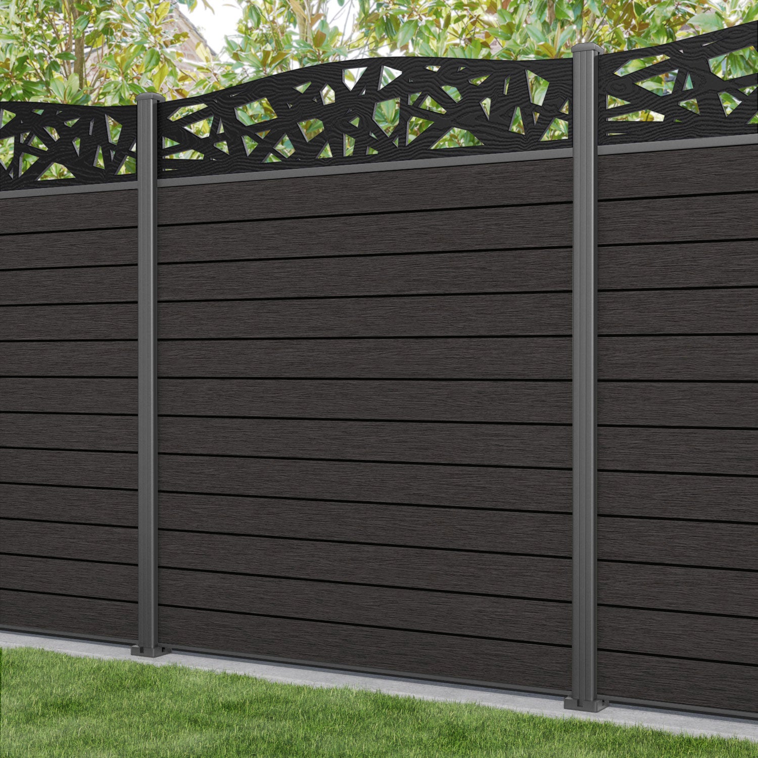 Fusion Prism Curved Top Fence Panel - Dark Oak - with our aluminium posts