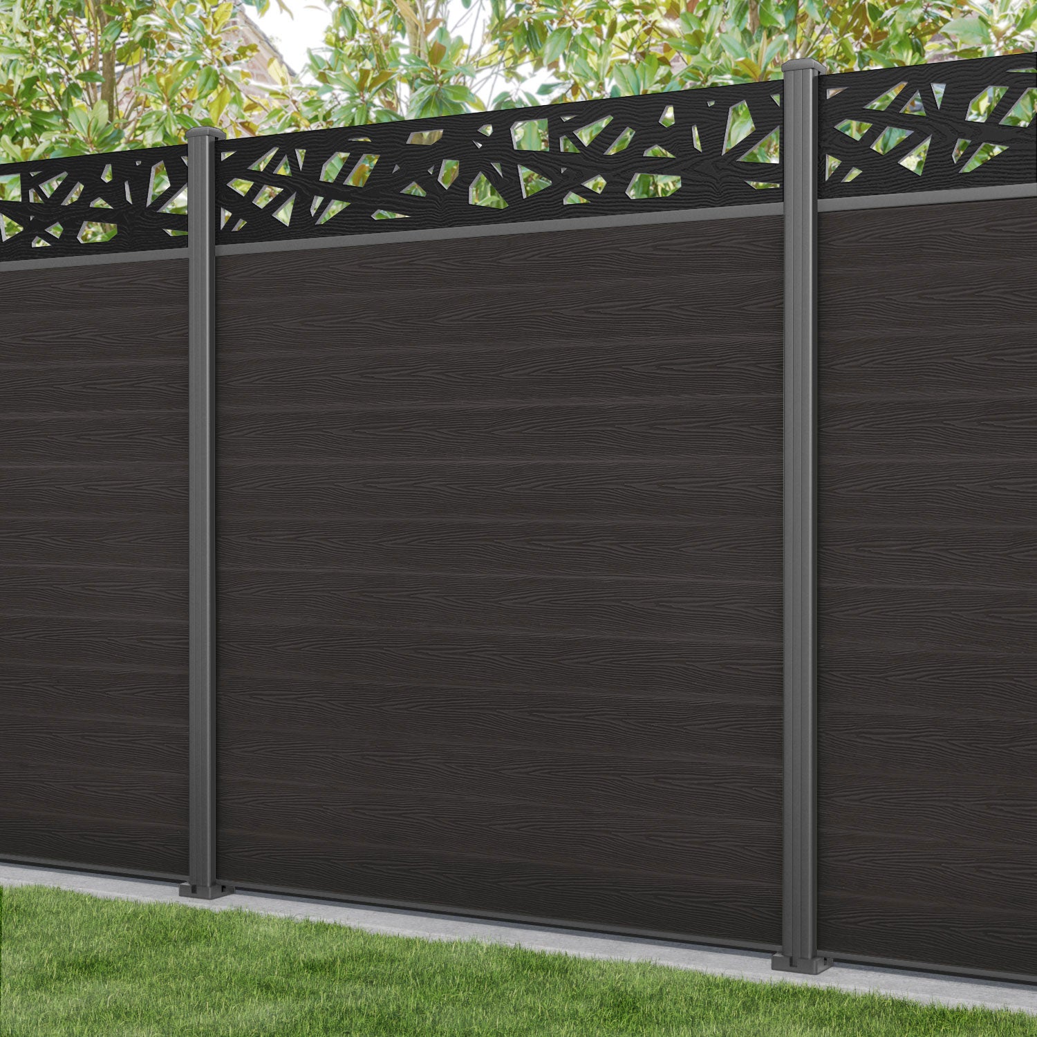 Classic Prism Fence Panel - Dark Oak - with our aluminium posts