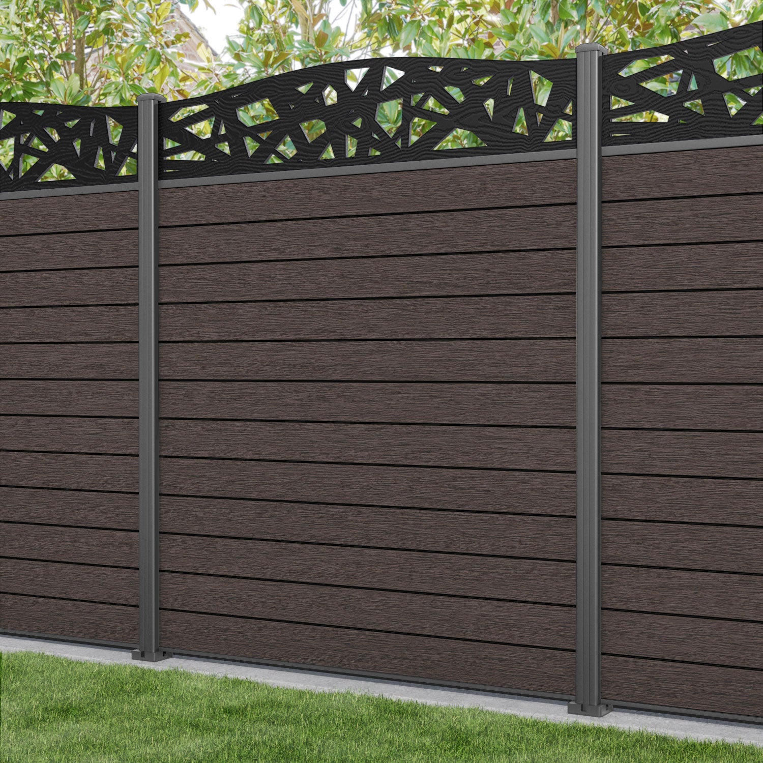Fusion Prism Curved Top Fence Panel - Mid Brown - with our aluminium posts