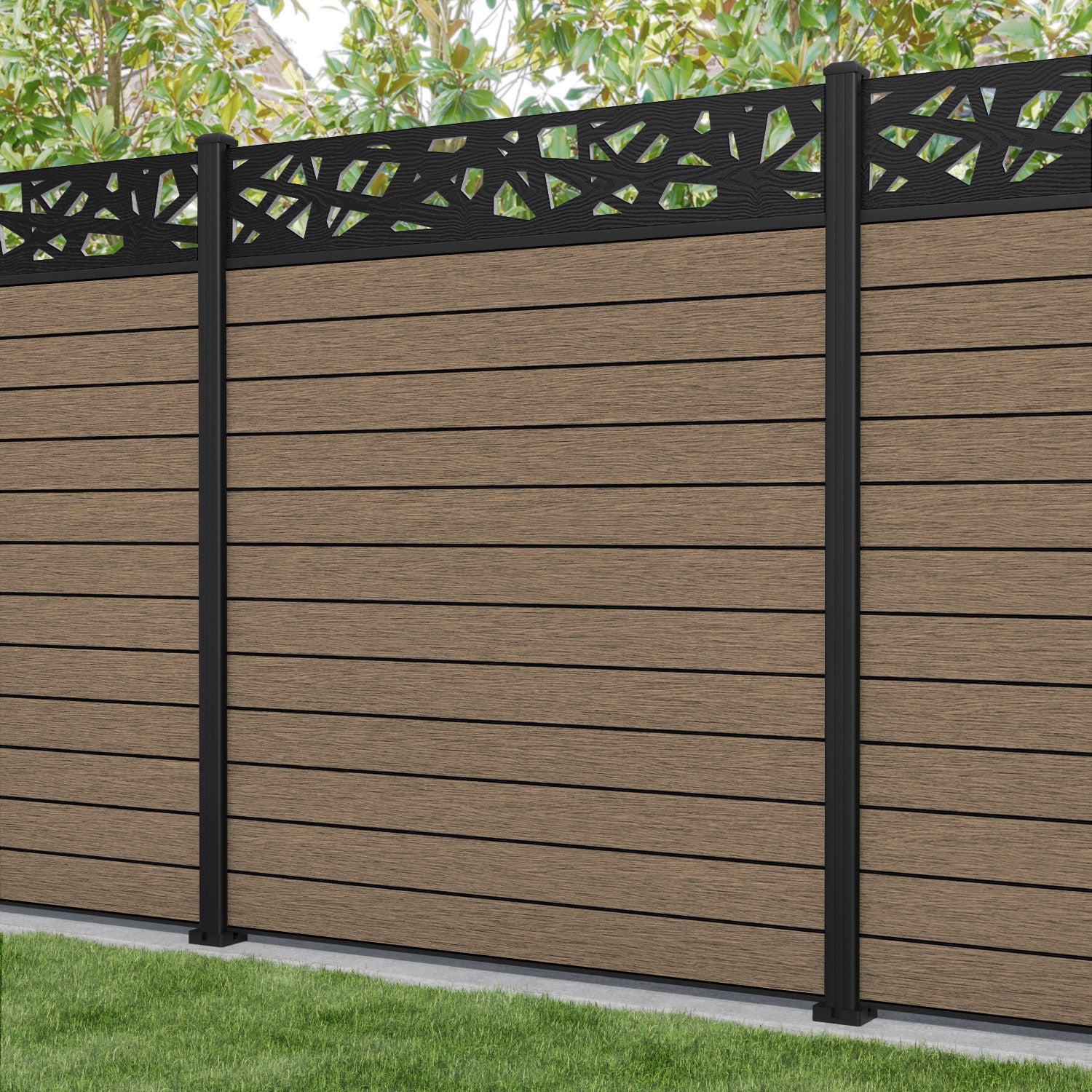 Fusion Prism Fence Panel - Teak - with our aluminium posts