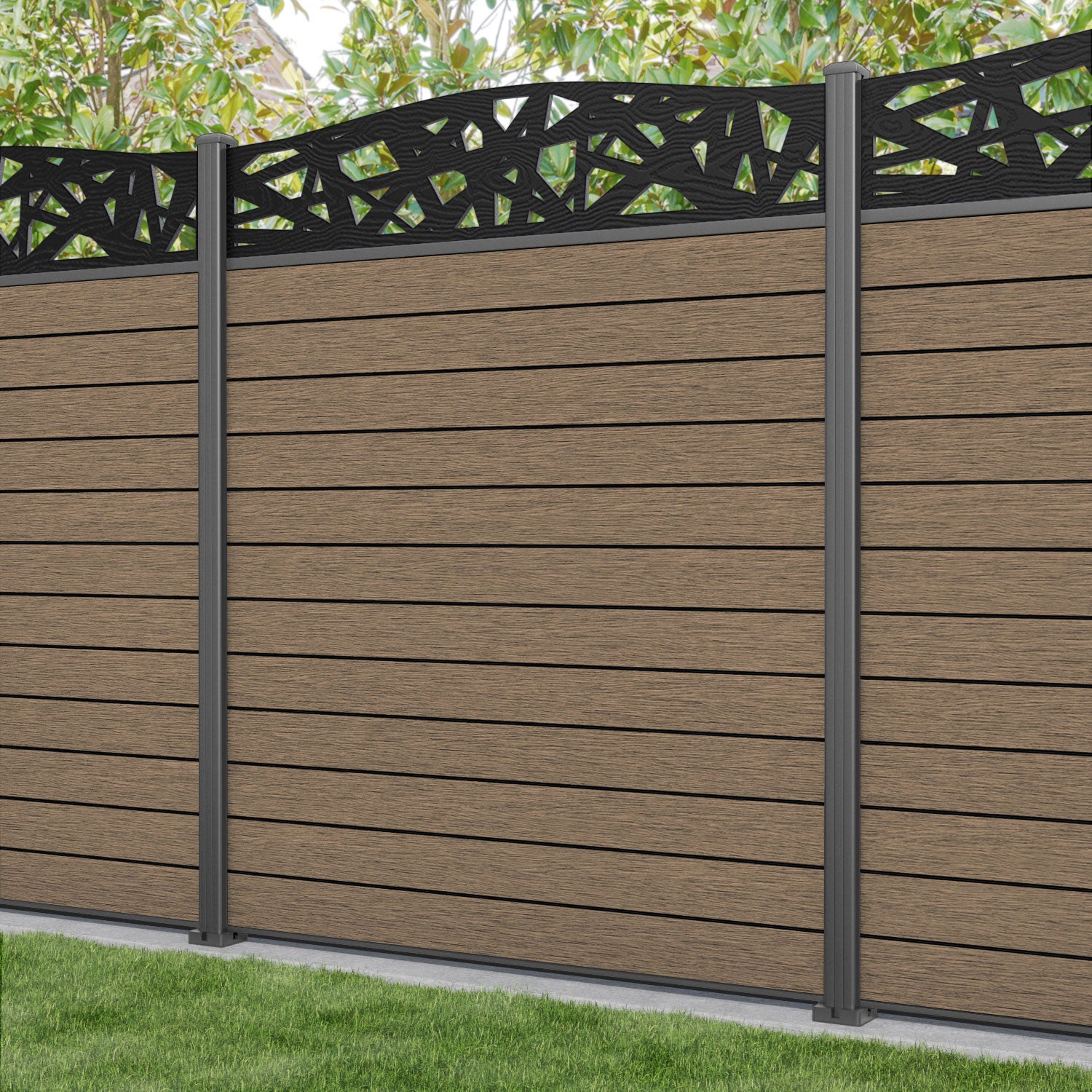 Fusion Prism Curved Top Fence Panel - Teak - with our aluminium posts