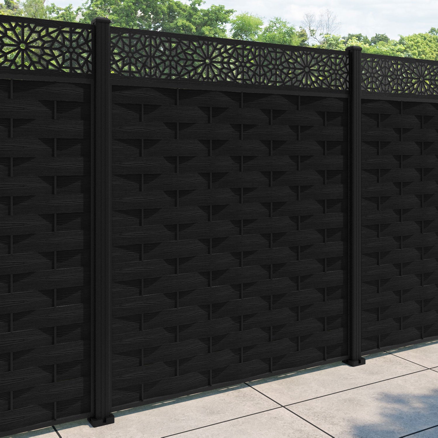 Ripple Alnara Fence Panel - Black - with our aluminium posts
