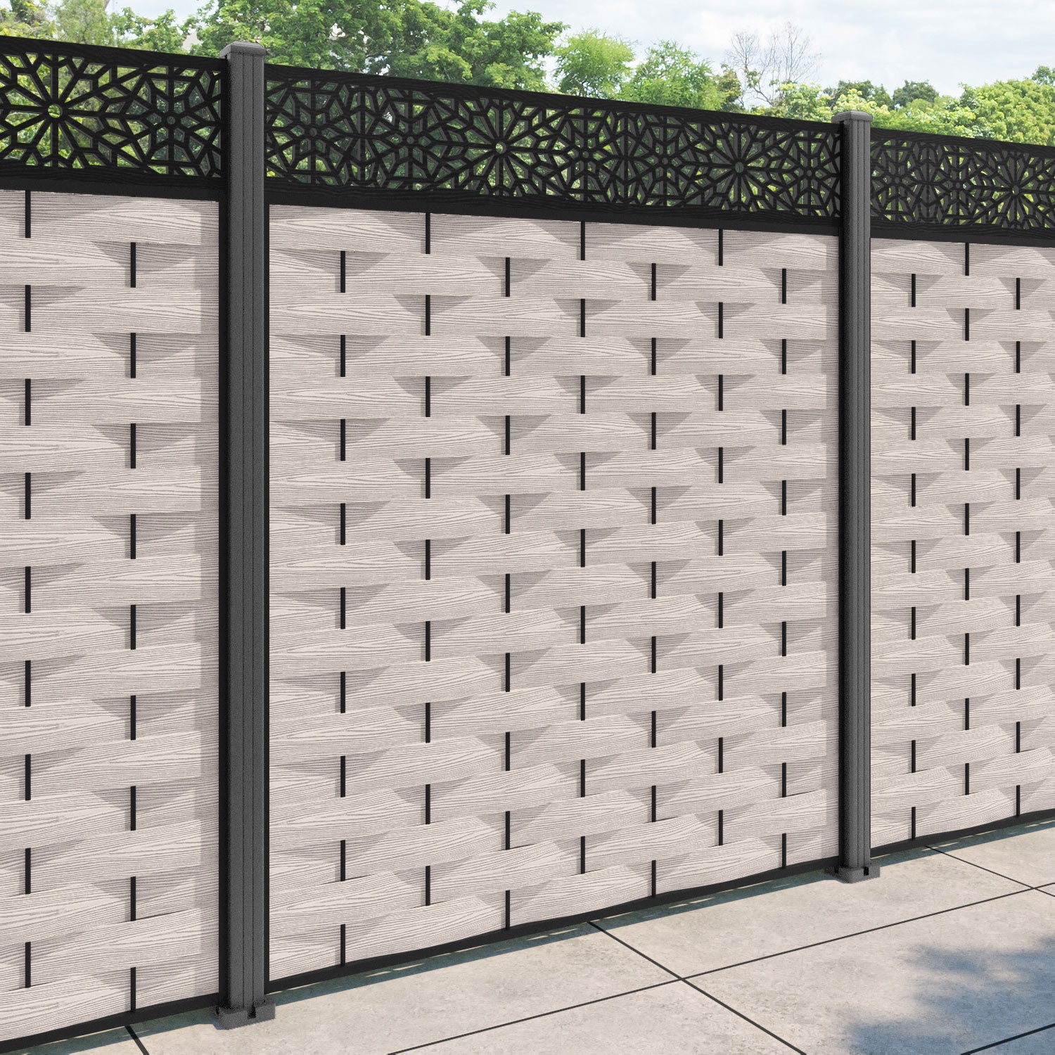 Ripple Alnara Fence Panel - Mid Stone - with our aluminium posts