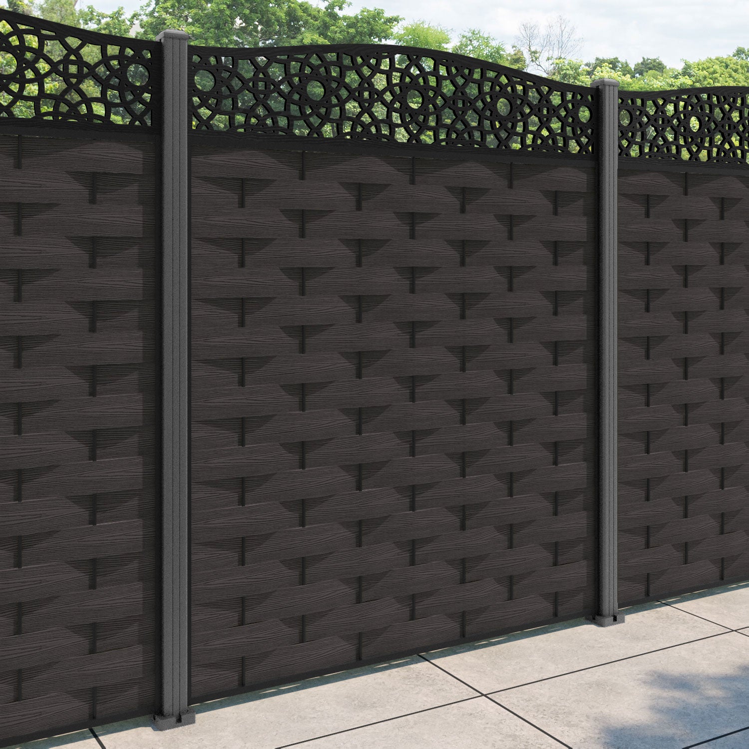 Ripple Ambar Curved Top Fence Panel - Dark Oak - with our aluminium posts