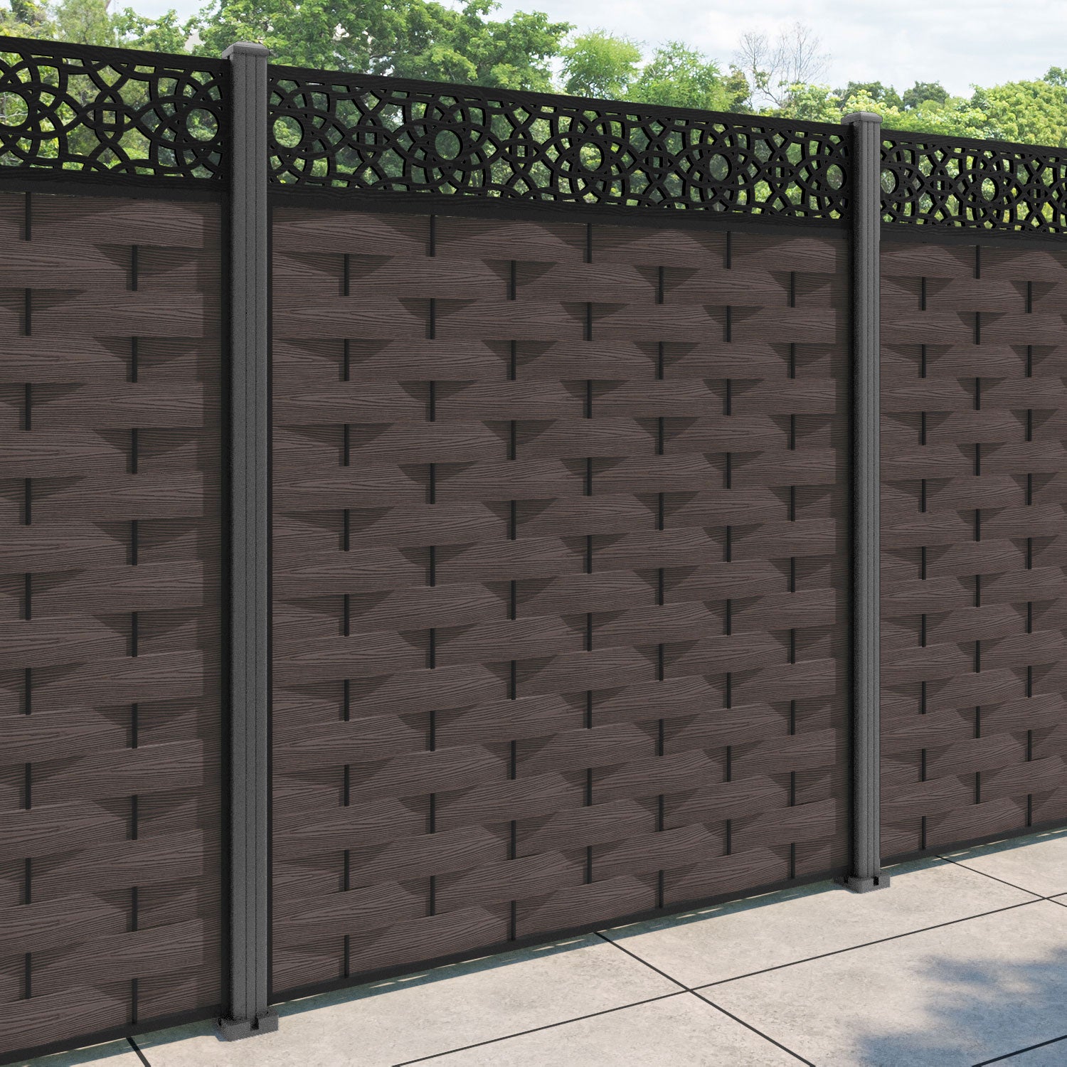 Ripple Ambar Fence Panel - Mid Brown - with our aluminium posts