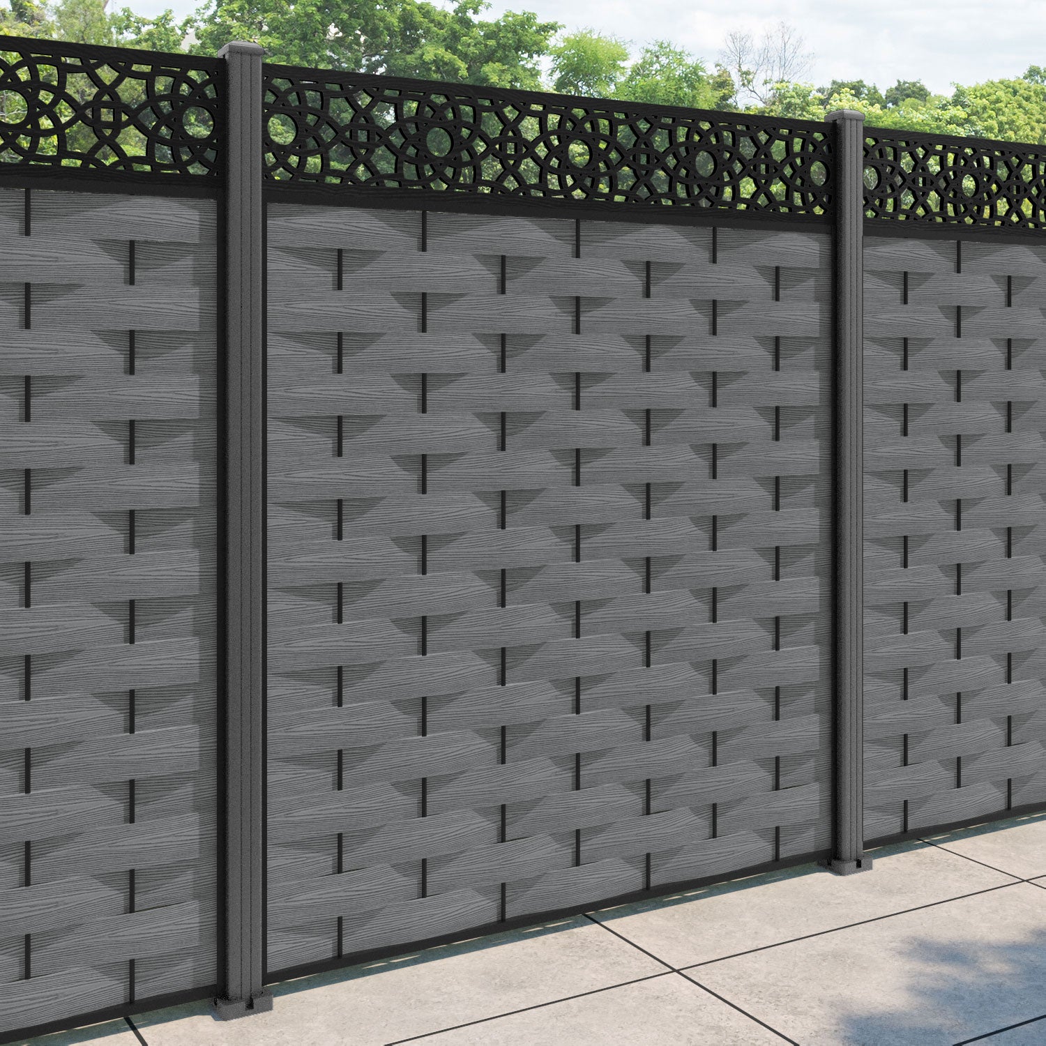 Ripple Ambar Fence Panel - Mid Grey - with our aluminium posts