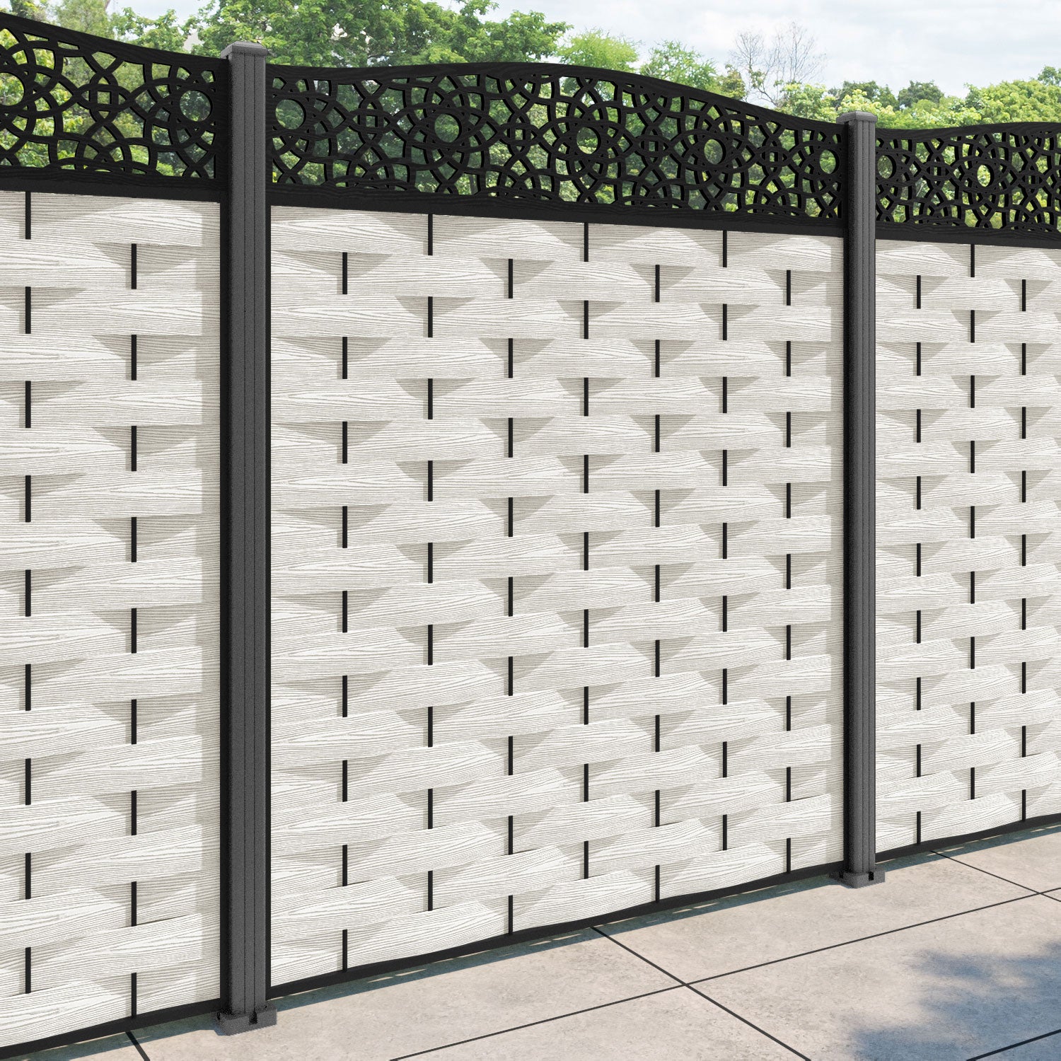 Ripple Ambar Curved Top Fence Panel - Light Stone - with our aluminium posts