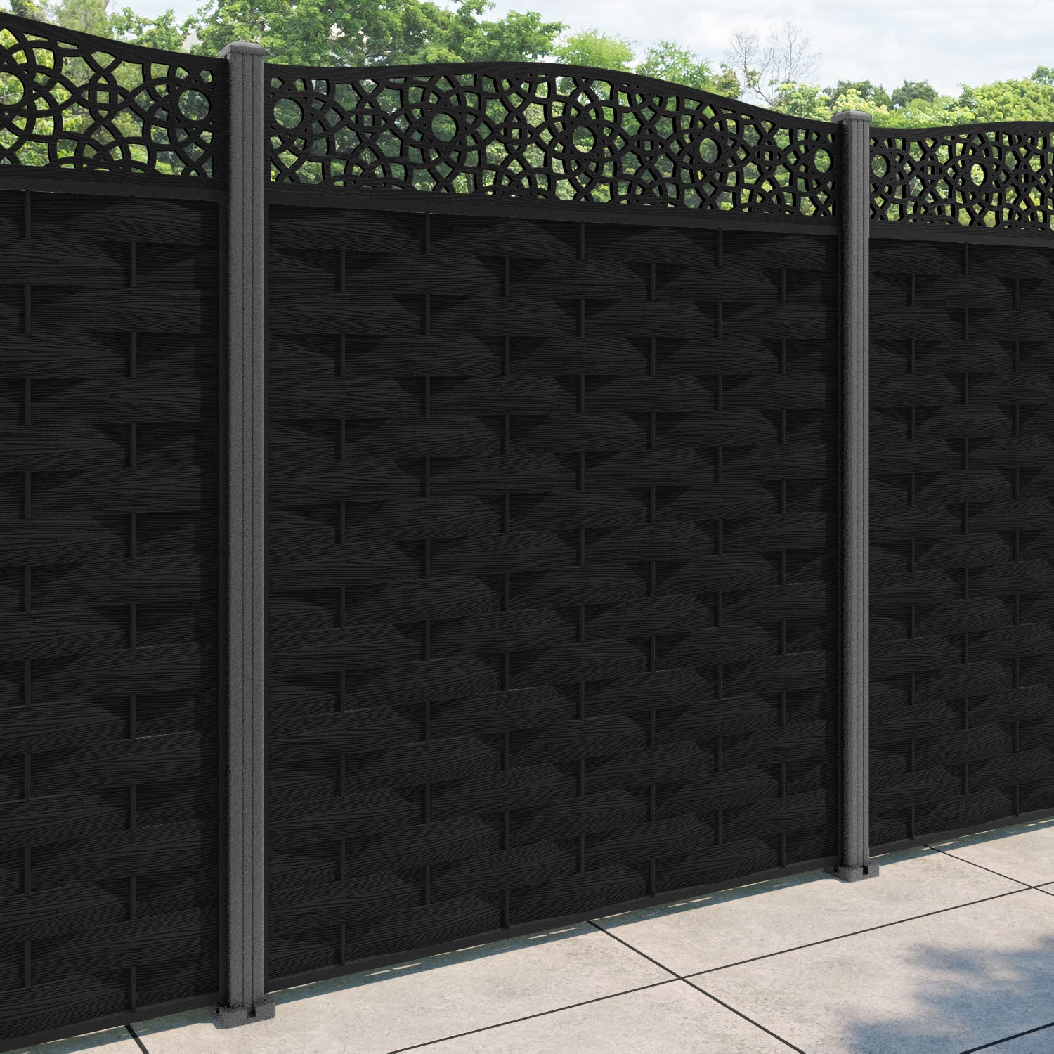 Ripple Ambar Curved Top Fence Panel - Black - with our aluminium posts