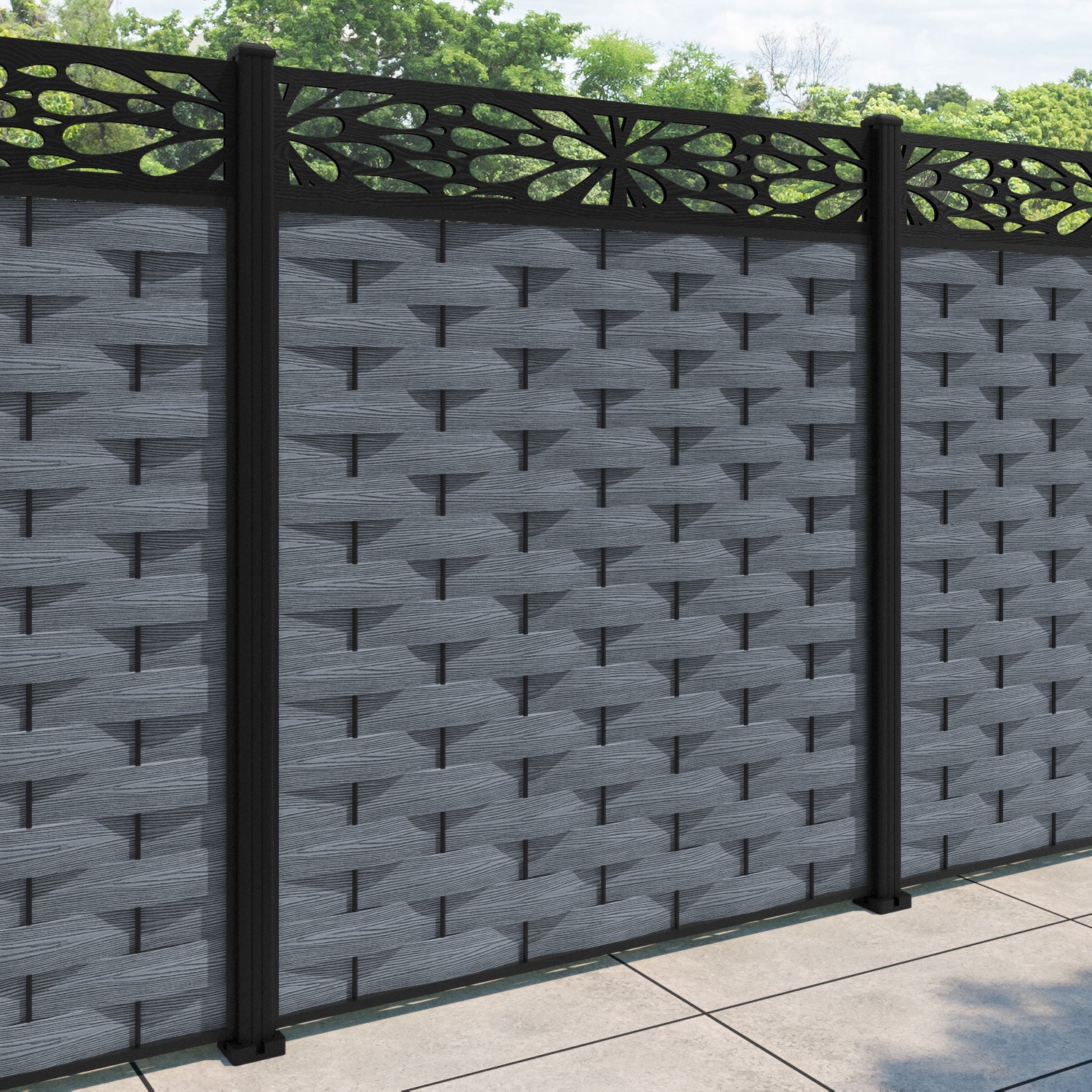 Ripple Blossom Fence Panel - Anthracite - with our aluminium posts