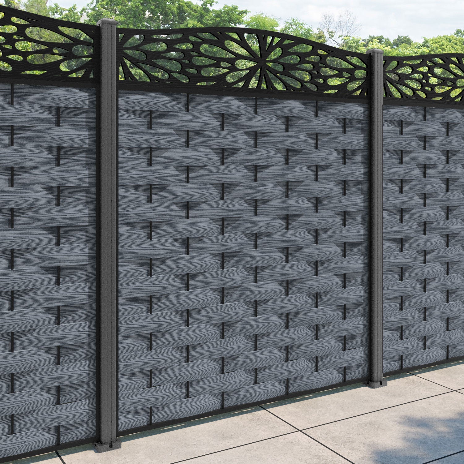 Ripple Blossom Curved Top Fence Panel - Anthracite - with our aluminium posts