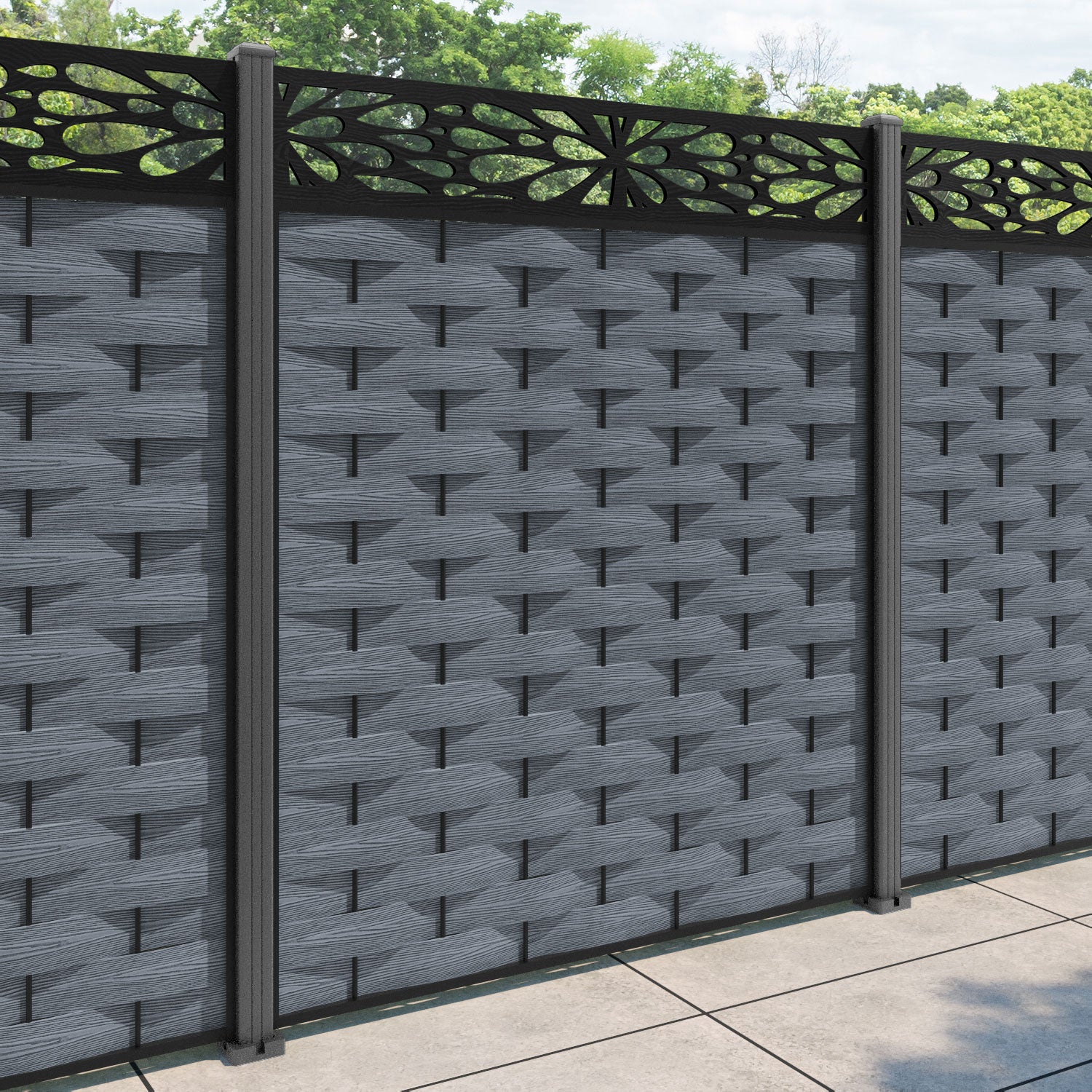Ripple Blossom Fence Panel - Anthracite - with our aluminium posts