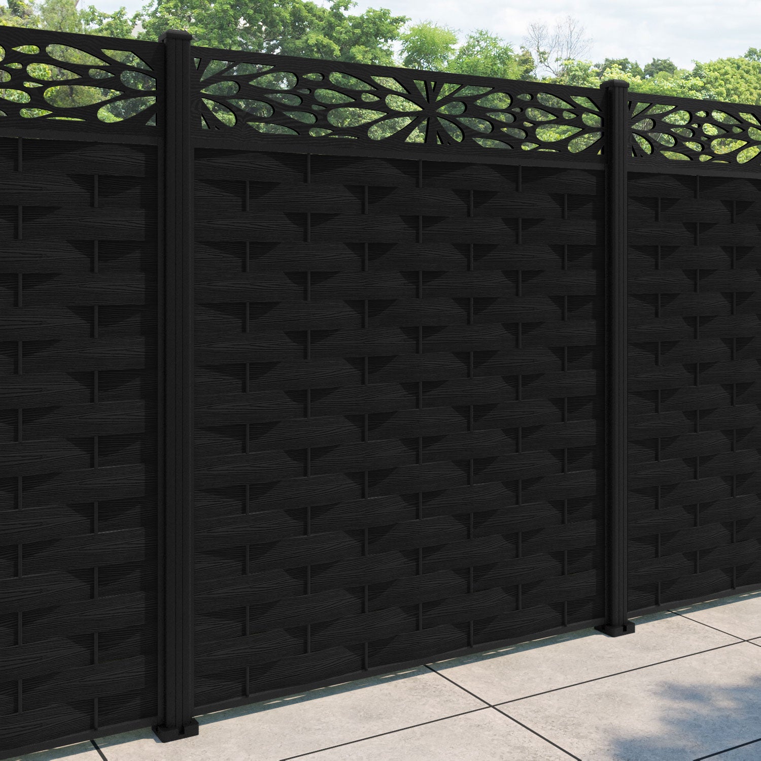 Ripple Blossom Fence Panel - Black - with our aluminium posts