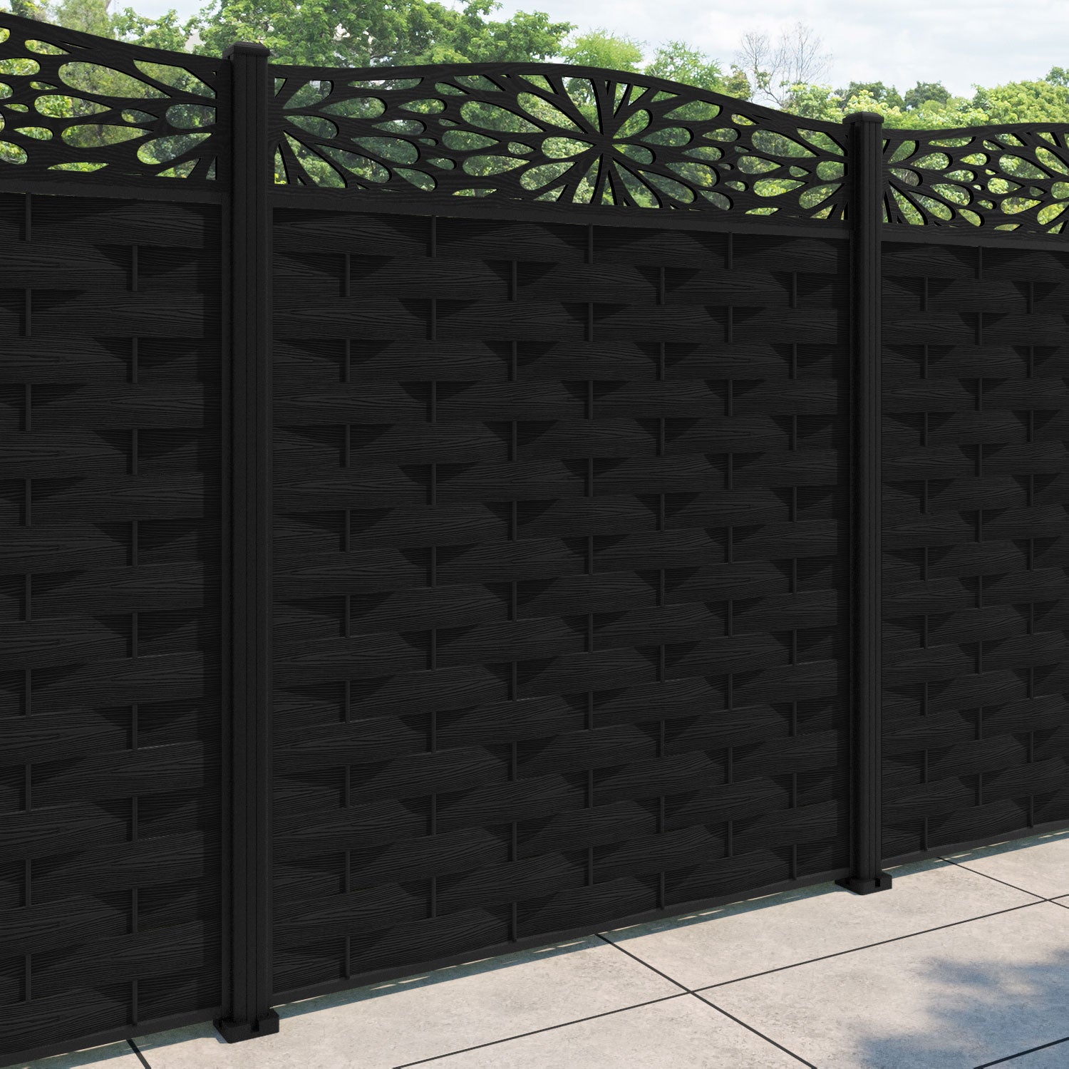 Ripple Blossom Curved Top Fence Panel - Black - with our aluminium posts