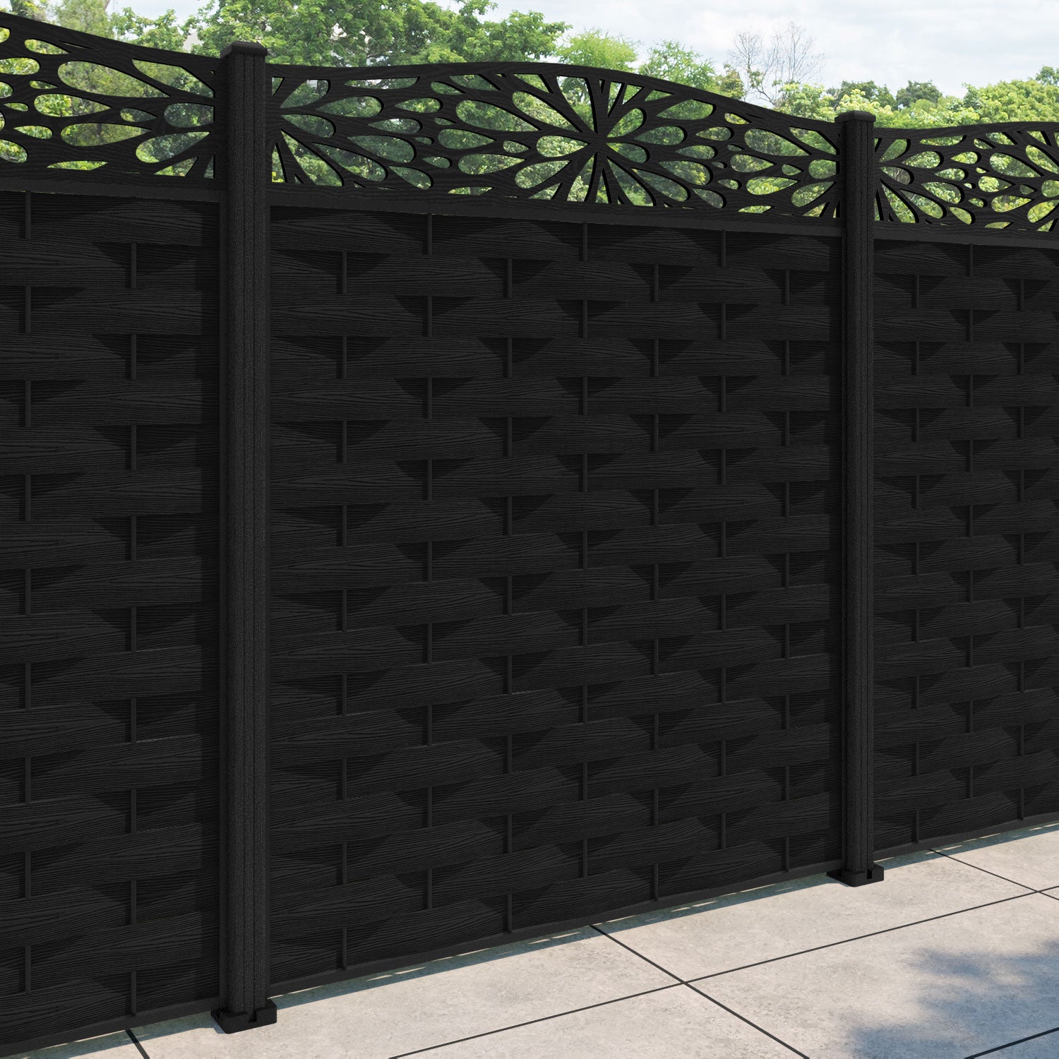 Ripple Blossom Curved Top Fence Panel - Black - with our composite posts
