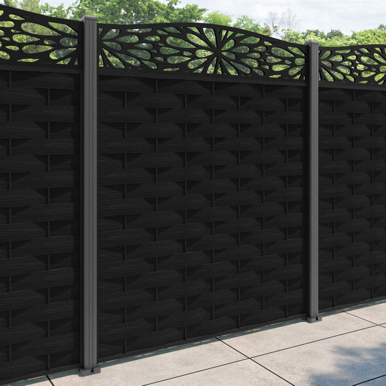 Ripple Blossom Curved Top Fence Panel - Black - with our aluminium posts